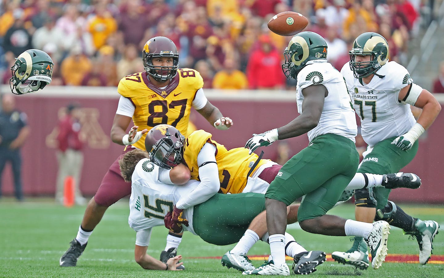 Minnesota's defensive lineman Tai'yon Devers sacked Colorado State's quarterback Collin Hill forcing a fumble in the second quarter as the Gophers took on Colorado State at TCF Bank Stadium, Saturday, September 24, 2016 in Minneapolis, MN. ] (ELIZABETH FLORES/STAR TRIBUNE) ELIZABETH FLORES &#x2022; eflores@startribune.com