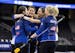 Tabitha Peterson, Becca Hamilton, Tara Peterson and Nina Roth celebrated after a victory at the U.S. Curling Trials in Omaha in November.