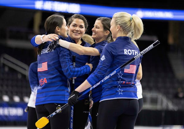 Tabitha Peterson, Becca Hamilton, Tara Peterson and Nina Roth celebrated after a victory at the U.S. Curling Trials in Omaha in November.
