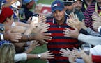 Patrick Reed shook hands with fans after Saturday evening session at Hazeltine National Golf Course Saturday October 1, 2016 in Chaska, MN.