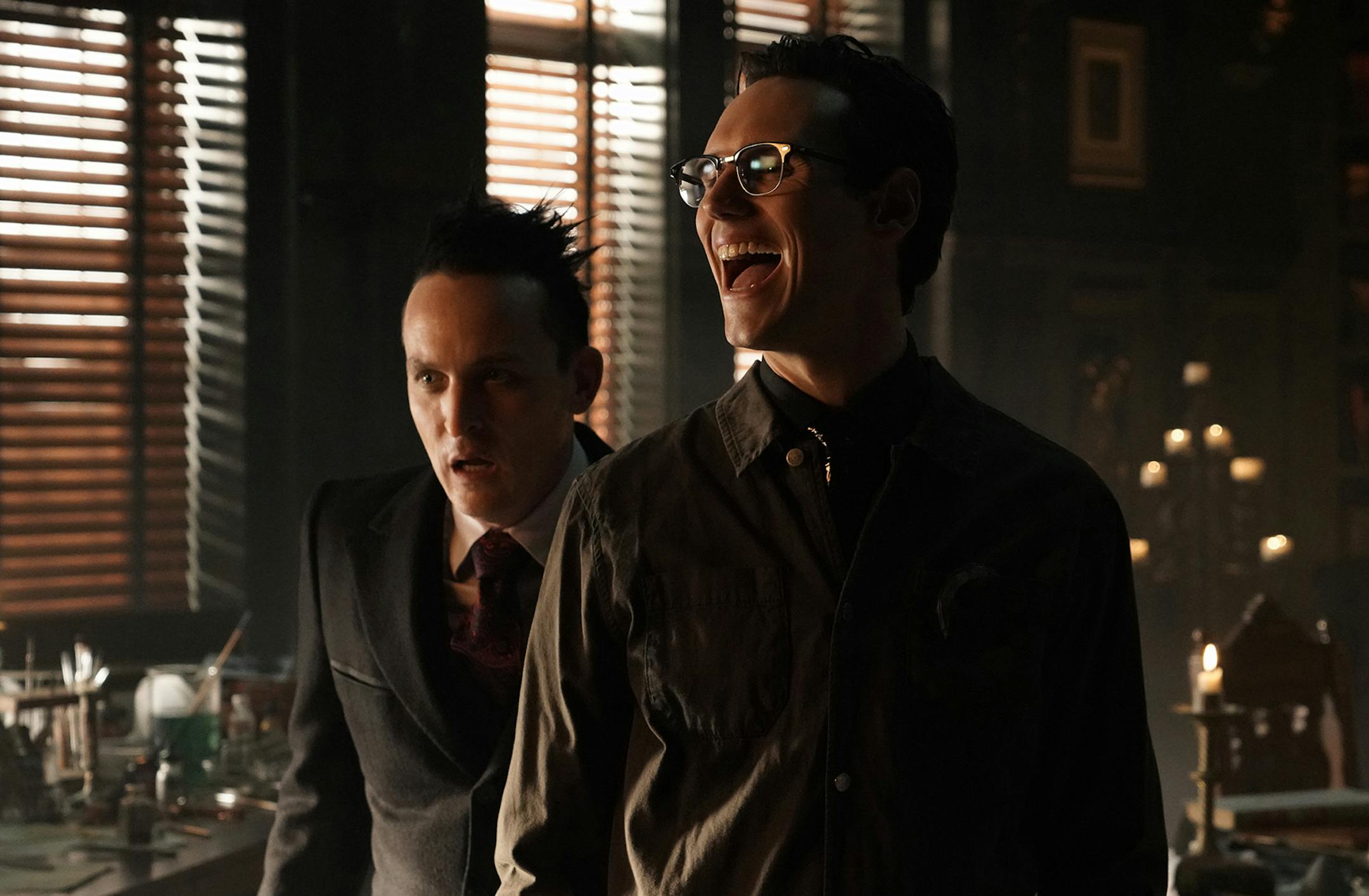 GOTHAM: L-R: Robin Lord Taylor and Cory Michael Smith in the "Nothing's Shocking" episode of GOTHAM airing Thursday, Feb. 28 (8:00-9:00 PM ET/PT) on FOX. ©2019 Fox Broadcasting Co. Cr: FOX