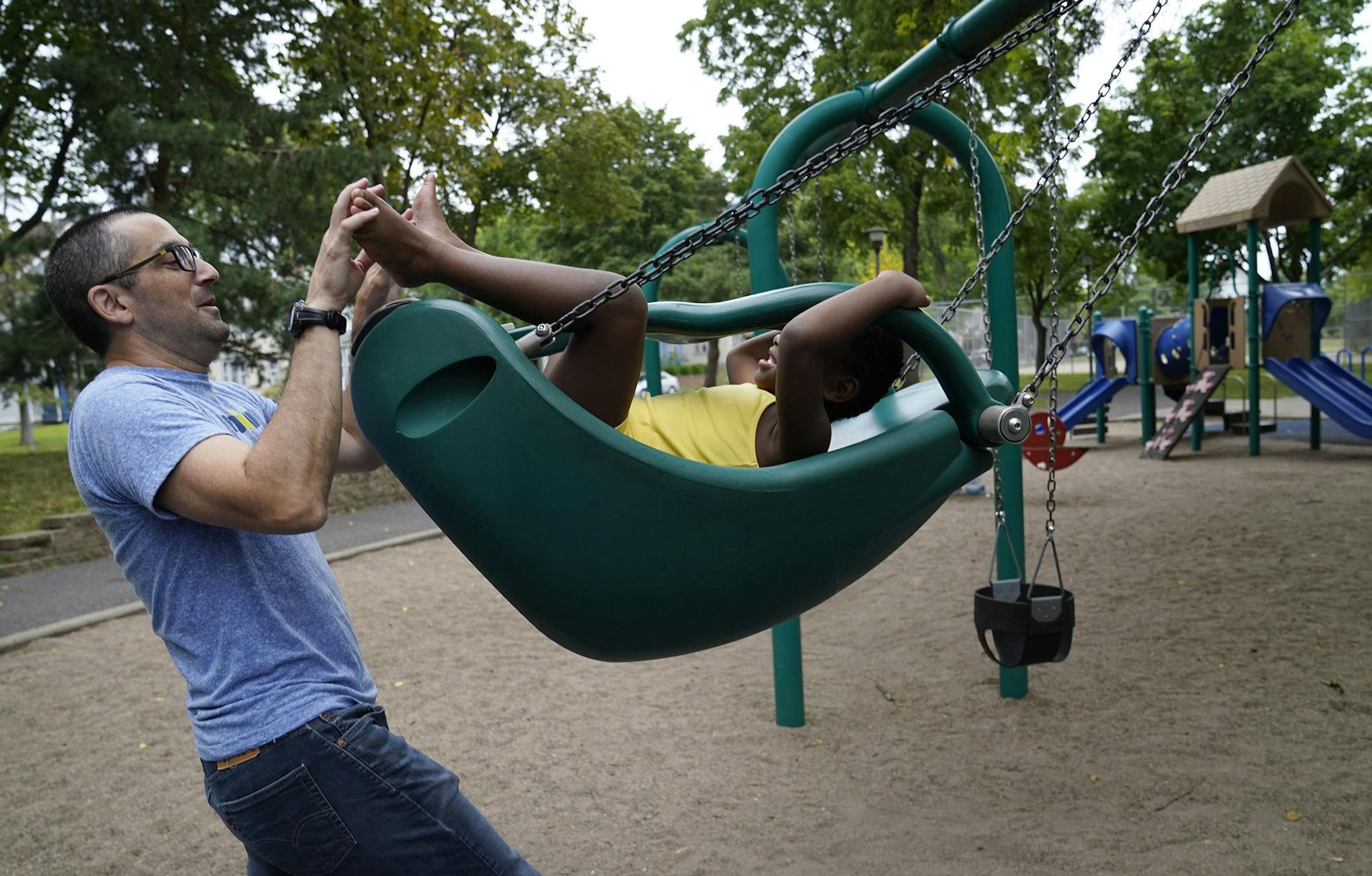 During their almost daily visit to a nearby park, Rob Raub pushed his daughter Ruby Raub, 4, on a swing set Friday, Aug. 7, 2020, in Minneapolis. ] DAVID JOLES • david.joles@startribune.com Friday, Sept. 18, 2020, in Minneapolis, MN. 42-year-old Emily Hofher was planning her wedding and parenting a 2-year-old when she was diagnosed with cancer. She died less than three years later. Her widow, Rob Raub, shares his experience developing a relationship with his remarkable wife, caring for Emily as