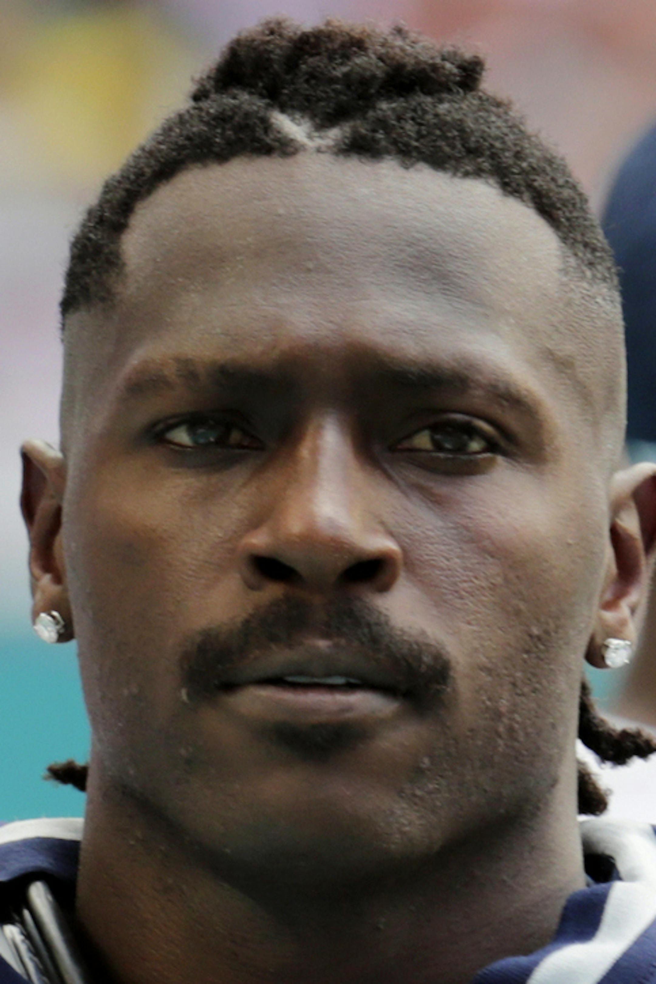 FILE - In this Sunday, Sept. 15, 2019, file photo, New England Patriots wide receiver Antonio Brown (17) on the sidelines,during the first half at an NFL football game against the Miami Dolphins in Miami Gardens, Fla. The Patriots released Brown on Friday, Sept. 20, 2019. (AP Photo/Lynne Sladky, File)