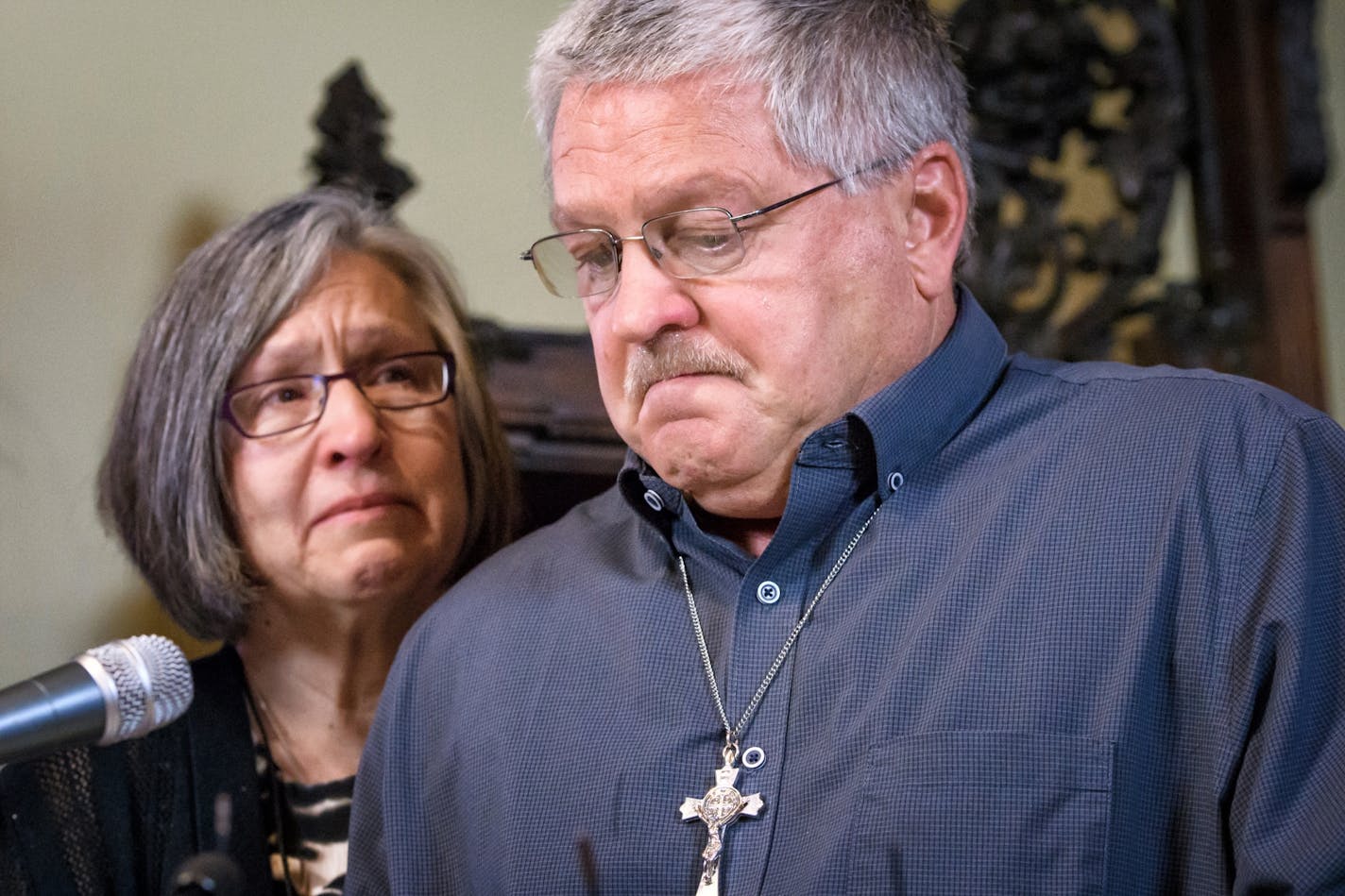 Patty Vasek looked on as her husband Ron Vasek said he was abused by Msgr. Roger Grundhaus at 16 and how 46 years later, as Ron studied to become a deacon, Bishop Hoeppner threatened to prevent him from becoming a deacon and threatened Ron's son's future as a priest in the Diocese of Crookston.