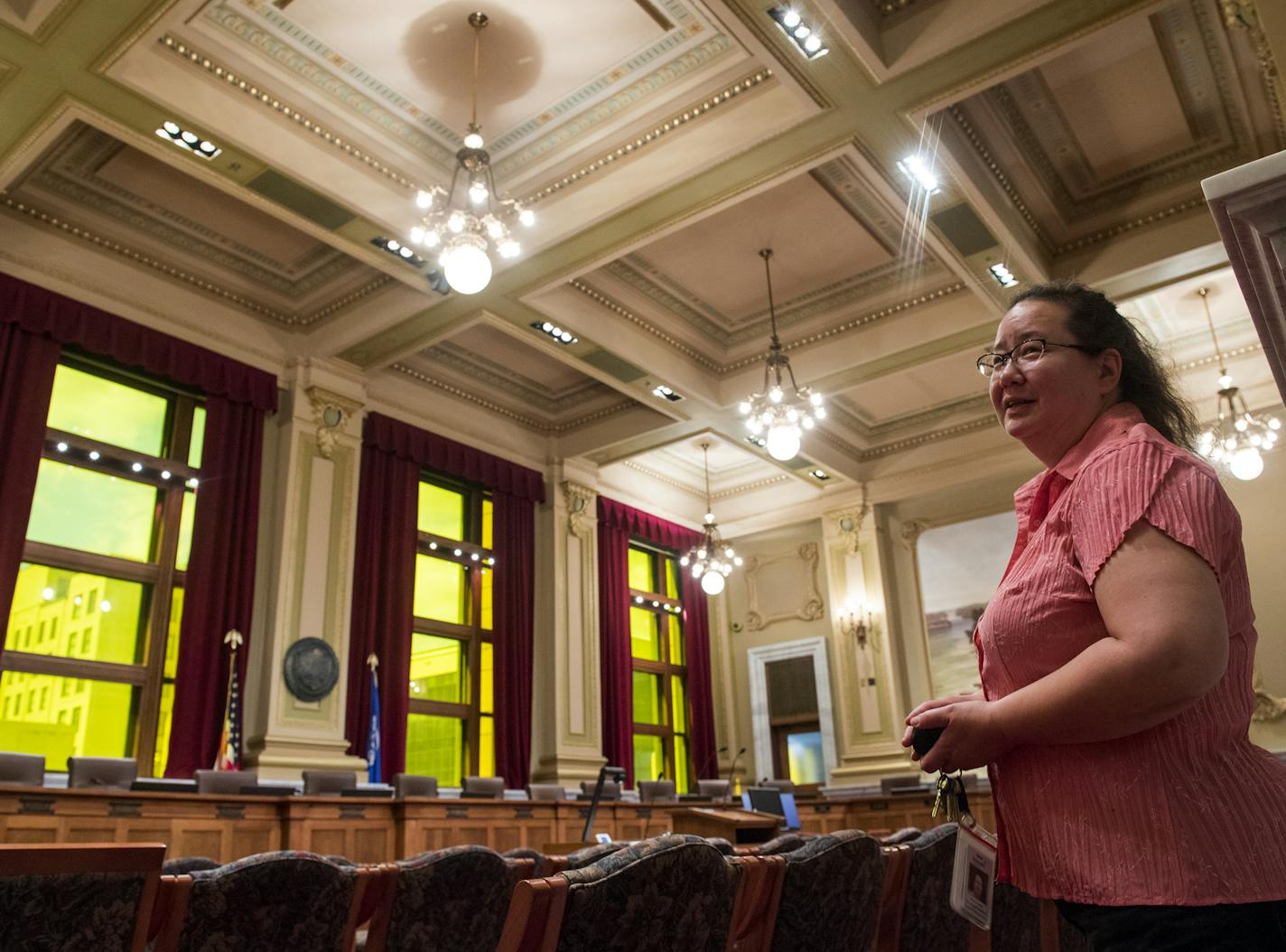 Theresa Baker of the Municipal Building Commission gives tours of the building and also schedules weddings, which are held in both the Council Chambers and in the rotunda. ] Isaac Hale &#xef; isaac.hale@startribune.com Teresa Baker, of the Municipal Building Commission, gave a tour of the oddities and interesting facets of the Minneapolis City Council building on Monday, June 27, 2016.