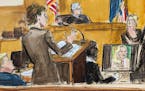 In this courtroom sketch, defense attorney Susan Necheles, center, cross examines Stormy Daniels, far right, whose real name is Stephanie Clifford, as