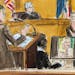 In this courtroom sketch, defense attorney Susan Necheles, center, cross examines Stormy Daniels, far right, whose real name is Stephanie Clifford, as