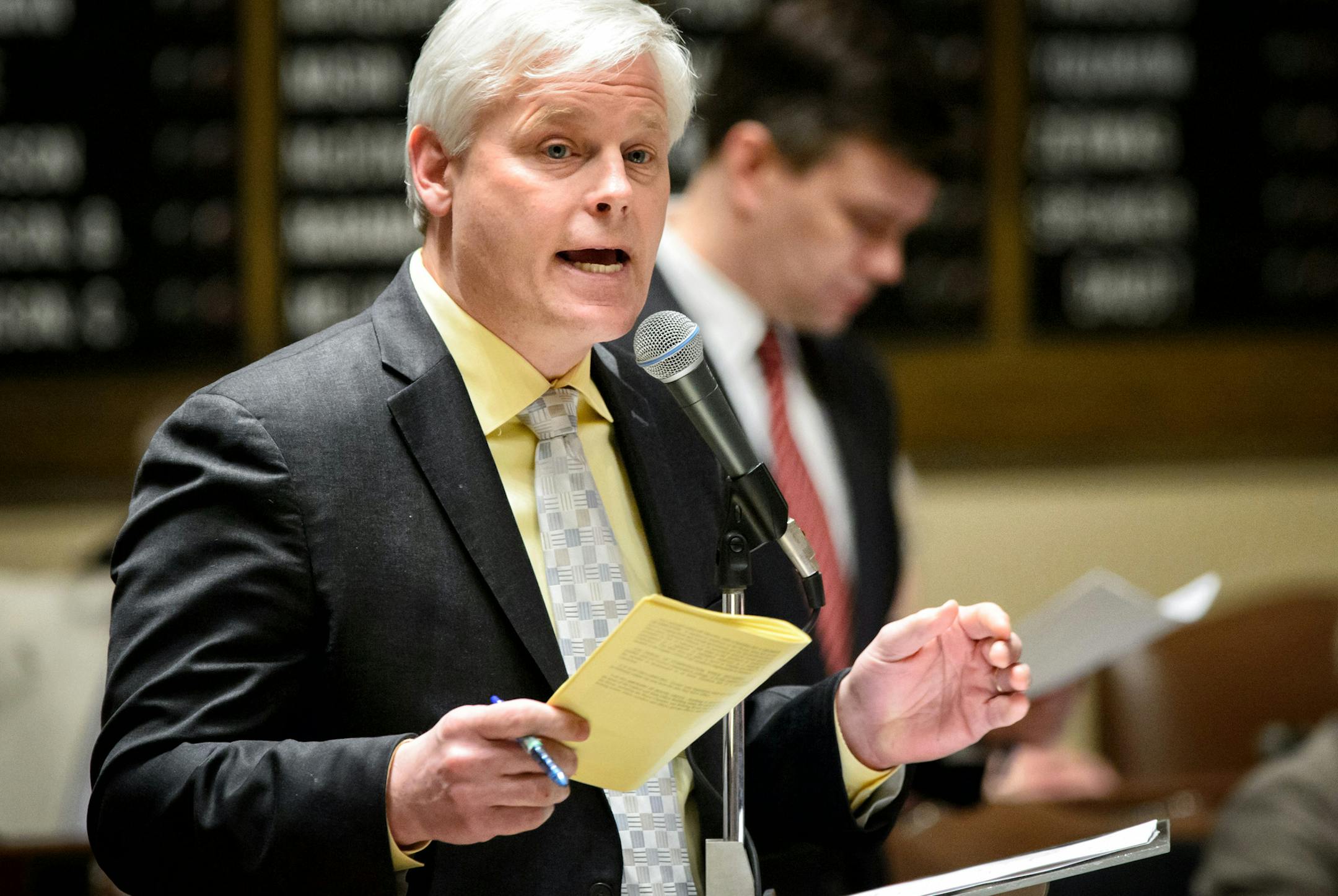 Minority Leader Rep. Paul Thissen, DFL-Minneapolis argued that HF43 must be heard according to House rules, adding does "must mean must." The bill would disclose campaign finance donations and DFL proponents claim the GOP majority is trying to kill it. ] GLEN STUBBE * gstubbe@startribune.com Monday, March 23, 2015