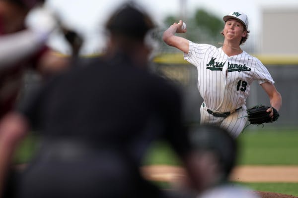 Mounds View pitcher Tyler Guerin, the Metro Player of the Year, throws in a section tournament game.