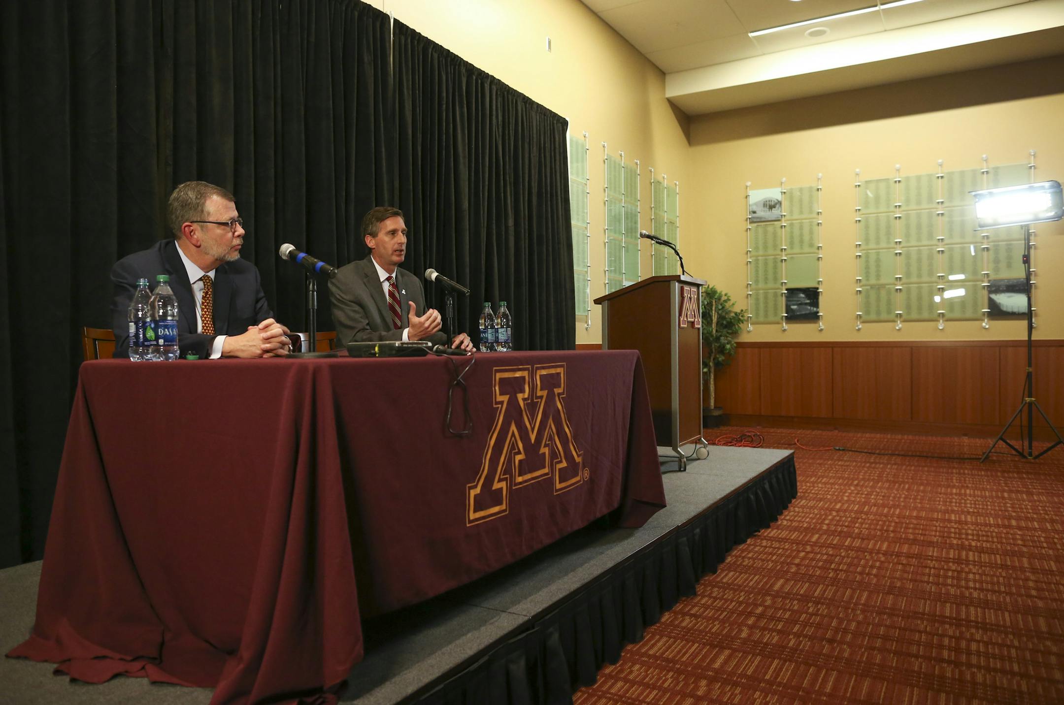 Former Syracuse Athletic Director Mark Coyle, shown with President Eric Kaler, left, answered questions after he was introduced as the new AD of the University of Minnesota at a news conference Wednesday afternoon at TCF Bank Stadium. ] JEFF WHEELER &#x2022; jeff.wheeler@startribune.com Former Syracuse Athletic Director Mark Coyle was introduced as the new AD at the University of Minnesota at a news conference Wednesday afternoon, May 11, 2016 at the M Club room at TCF Bank Stadium ORG XMIT: MIN