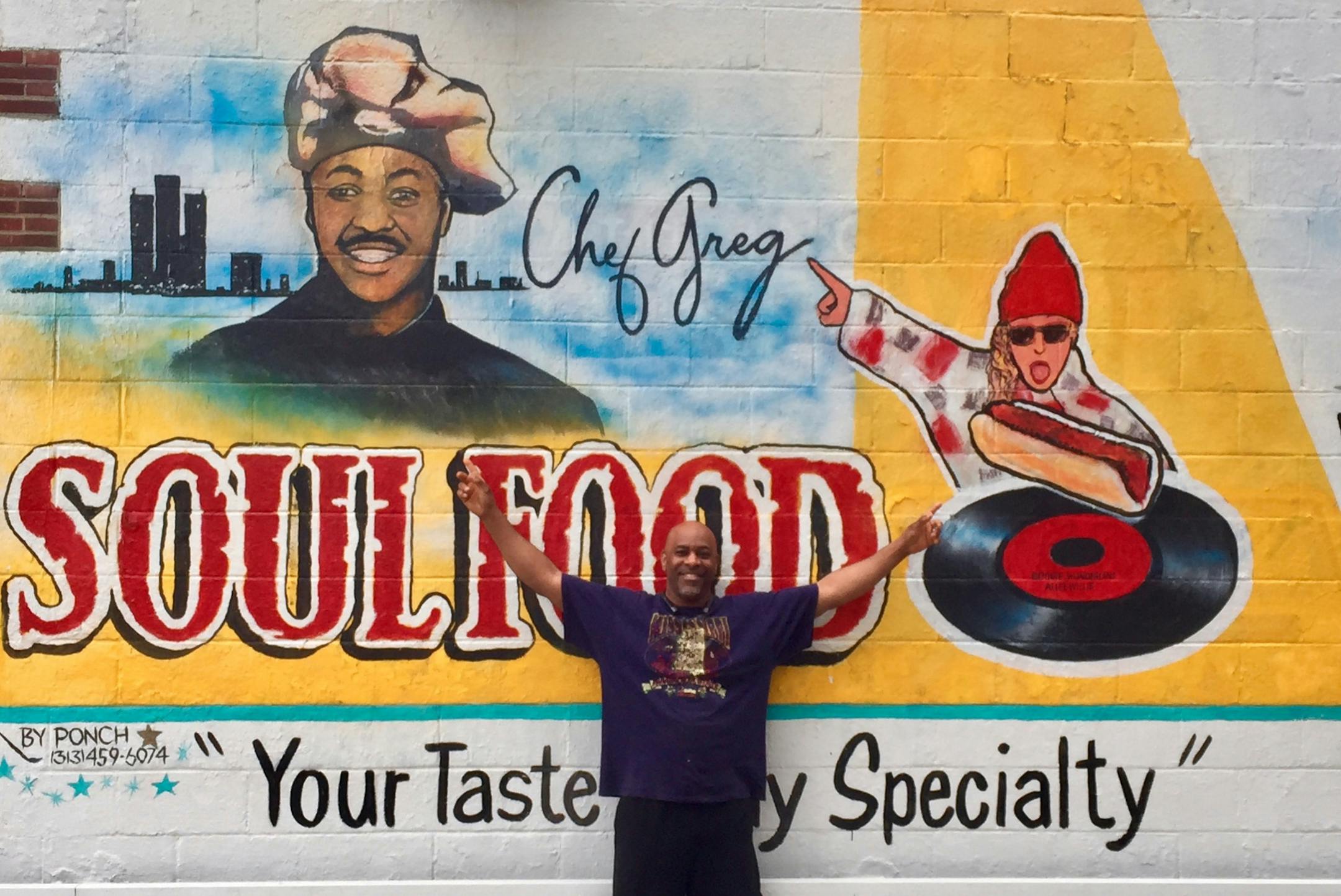 Chef Greg Emilis Beard outside his Soul "N" the Wall restaurant. Singer Patti LaBelle comes by every time she's in Detroit, he said.
