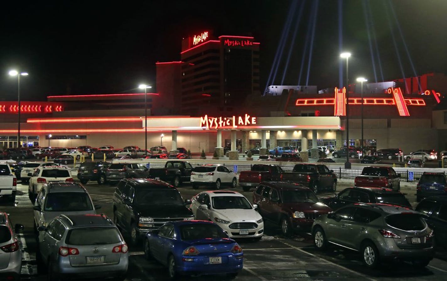 In this March 7, 2019 photo, shows the Mystic Lake Casino in Shakopee, Minn. In Minnesota, a bill seeking to legalize sports betting cleared its first hurdle earlier this year, passing a committee in the state Senate. But that's likely to be as far as the measure goes, in large part because the state's politically potent tribes oppose it. The tribes, which operate 21 casinos and have given millions in campaign donations, are especially concerned about allowing sports betting on mobile devices, w