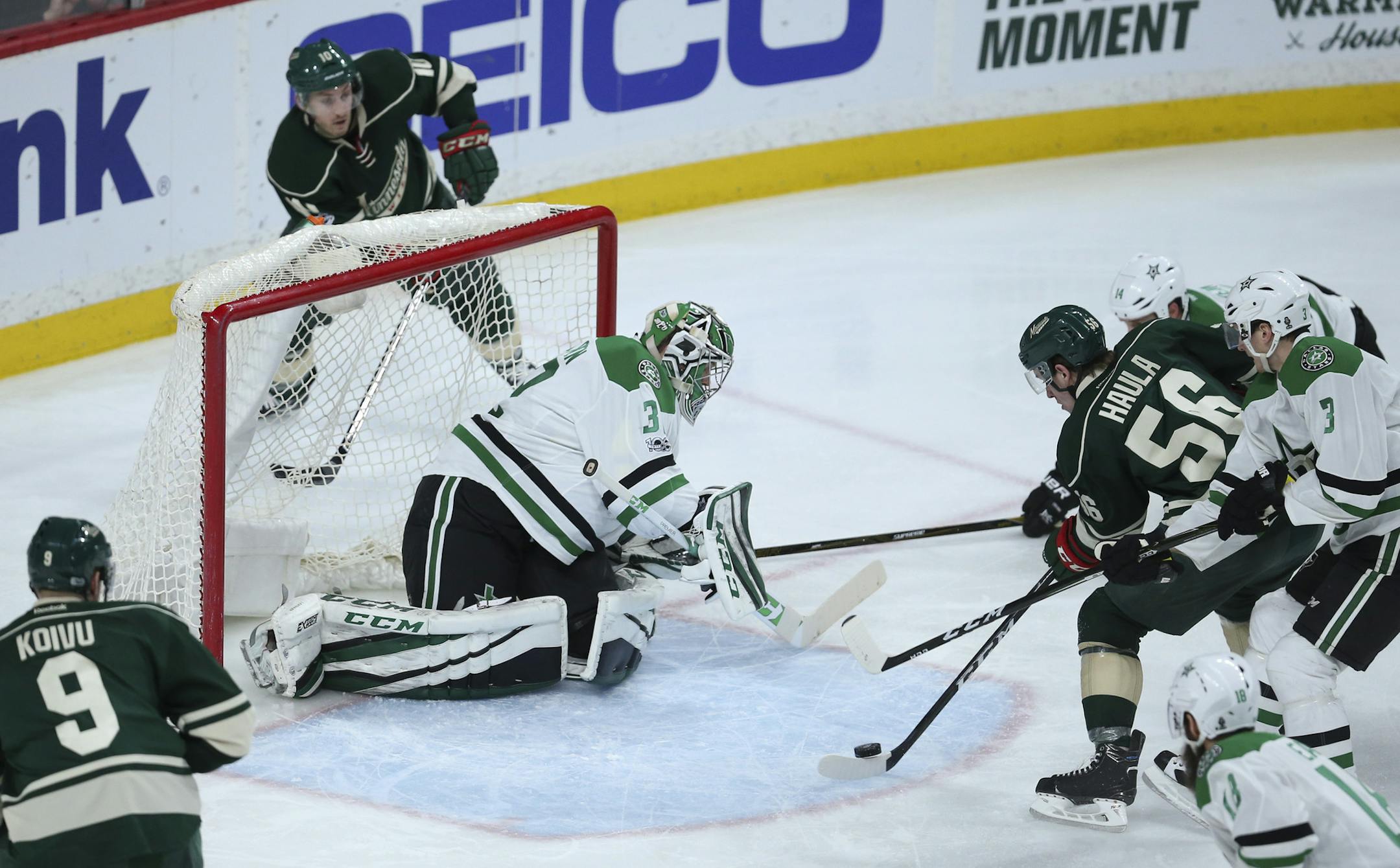 Wild center Erik Haula (56) scored on a second period pass from Jordan Schroeder (10) behind the net to give Minnesota a 2-0 lead. ] JEFF WHEELER &#xef; jeff.wheeler@startribune.com The Minnesota Wild faced the Dallas Stars in an NHL hockey game Thursday night, February 16, 2017 at Xcel Energy Center in St. Paul.