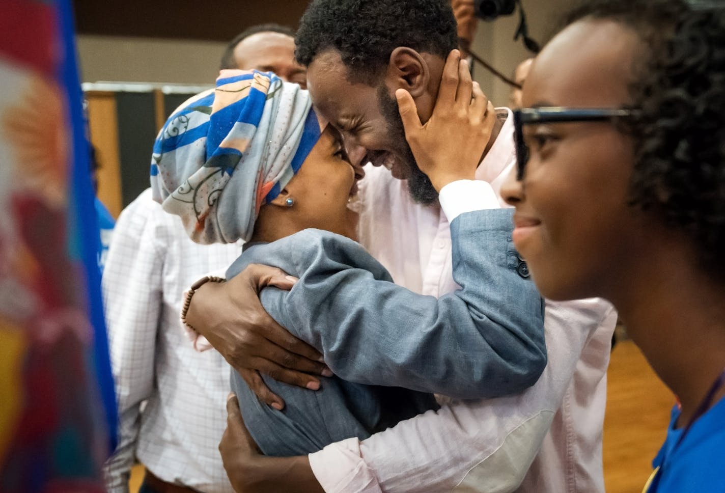 Rep. Ilhan Omar hugged her husband Ahmed Hirsi after she won the DFL endorsement. Their daughter Isra Hirsi, 15, is on the right. ] GLEN STUBBE &#xef; glen.stubbe@startribune.com Sunday, June 17, 2018 At 12p.m., a special DFL endorsement convention to (in theory) pick an endorsed candidate for the Fifth Congressional District -- the seat currently held by U.S. Rep. Keith Ellison. The field of candidates includes state Rep. Ilhan Omar, former state House Speaker Margaret Anderson Kelliher and sta