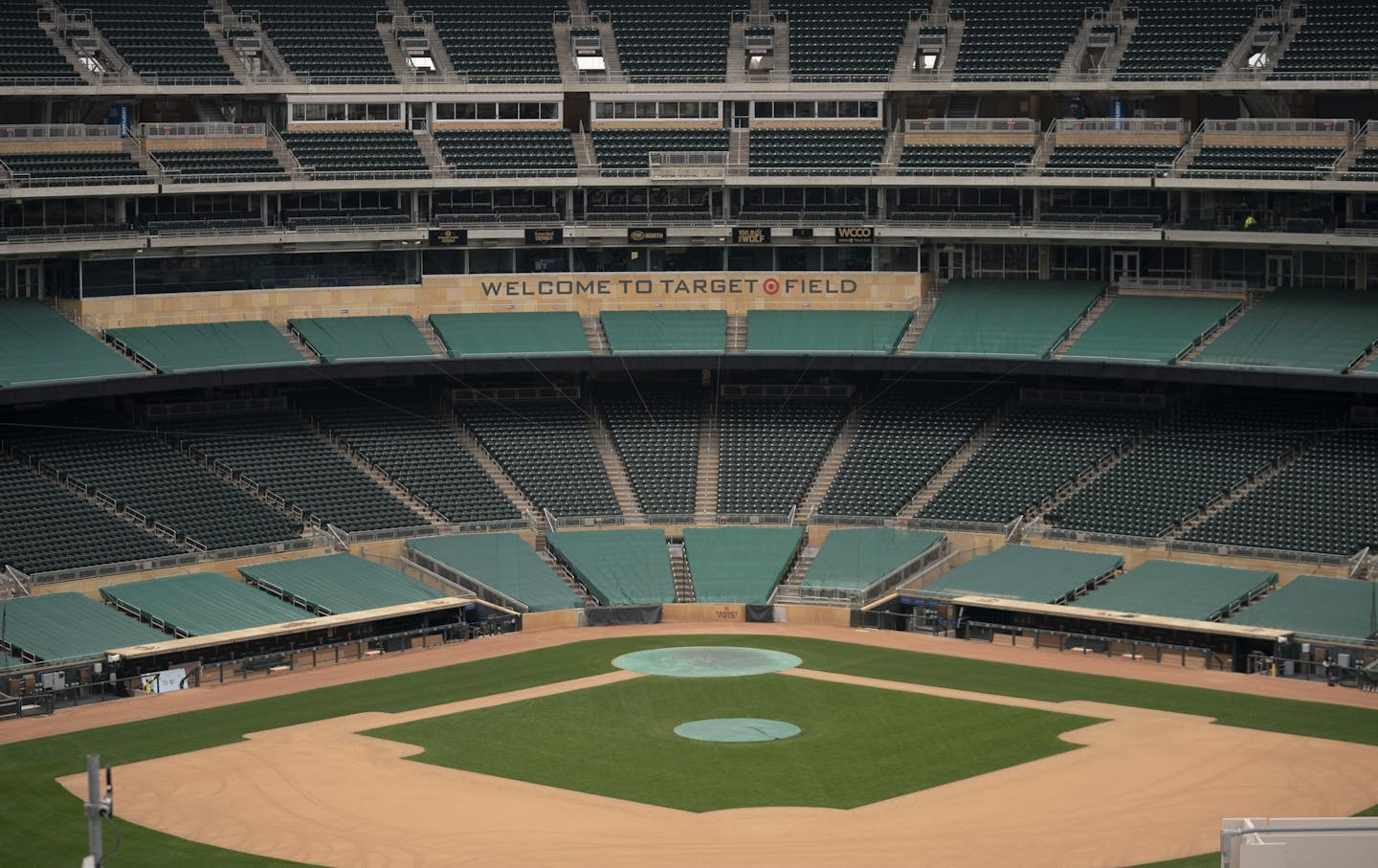 The interior of an an empty Target Field an hour before the Home Opener against the Oakland A's would have begun.