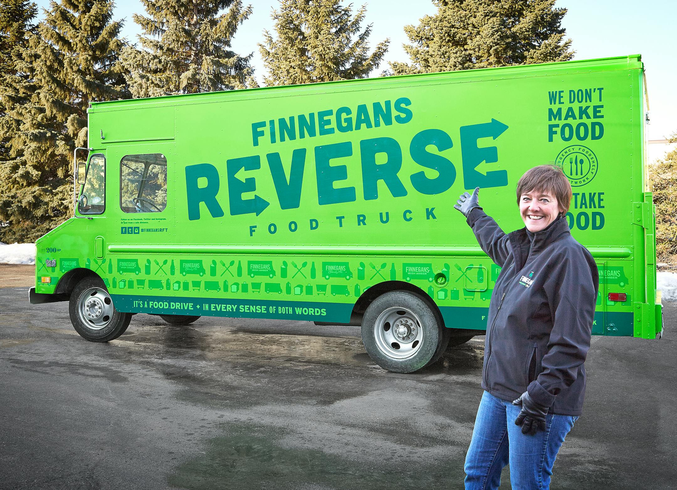 Photo courtesy of Finnegans Finnegans' reverse food truck, launched in March, collects food donations at locations around the Twin Cities. That's Finnegans CEO Jacquie Berglund, a prime shaker behind the effort, in this photo.
