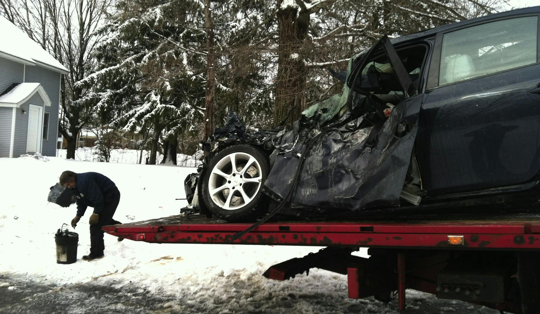 This car was part of a multivehicle accident in Excelsior this morning which included a bus. No students were on board at the time of the accident.