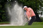 Jason Kokrak hit out of a bunker onto the seventh green during the final round of the Charles Schwab Challenge golf tournament at Colonial Country Clu