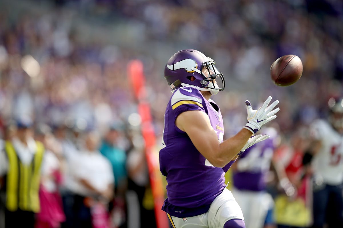 Minnesota Vikings wide receiver Adam Thielen caught a touchdown pass in the first quarter as they took on the Houston Texans at US Bank Stadium, Sunda
