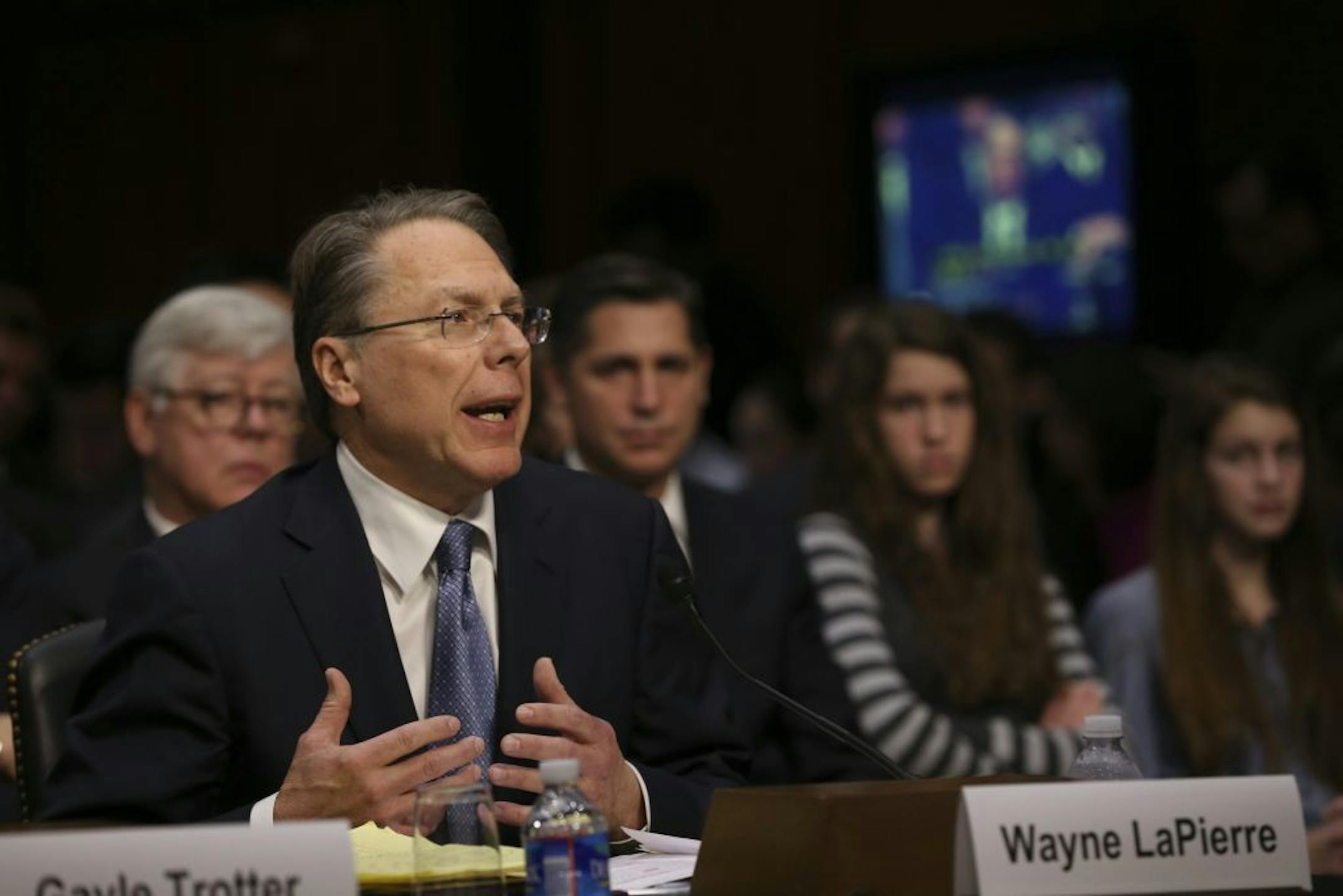 Wayne La Pierre, the head of the National Rifle Association, speaks during a hearing of the Senate Judiciary Committee, on Capitol Hill in Washington, Jan. 30, 2013. The committee met on Wednesday morning for the first time since the mass shooting at a Newtown, Conn., elementary school, formalizing Congressional Democrats' search for viable legislation to stem gun violence.