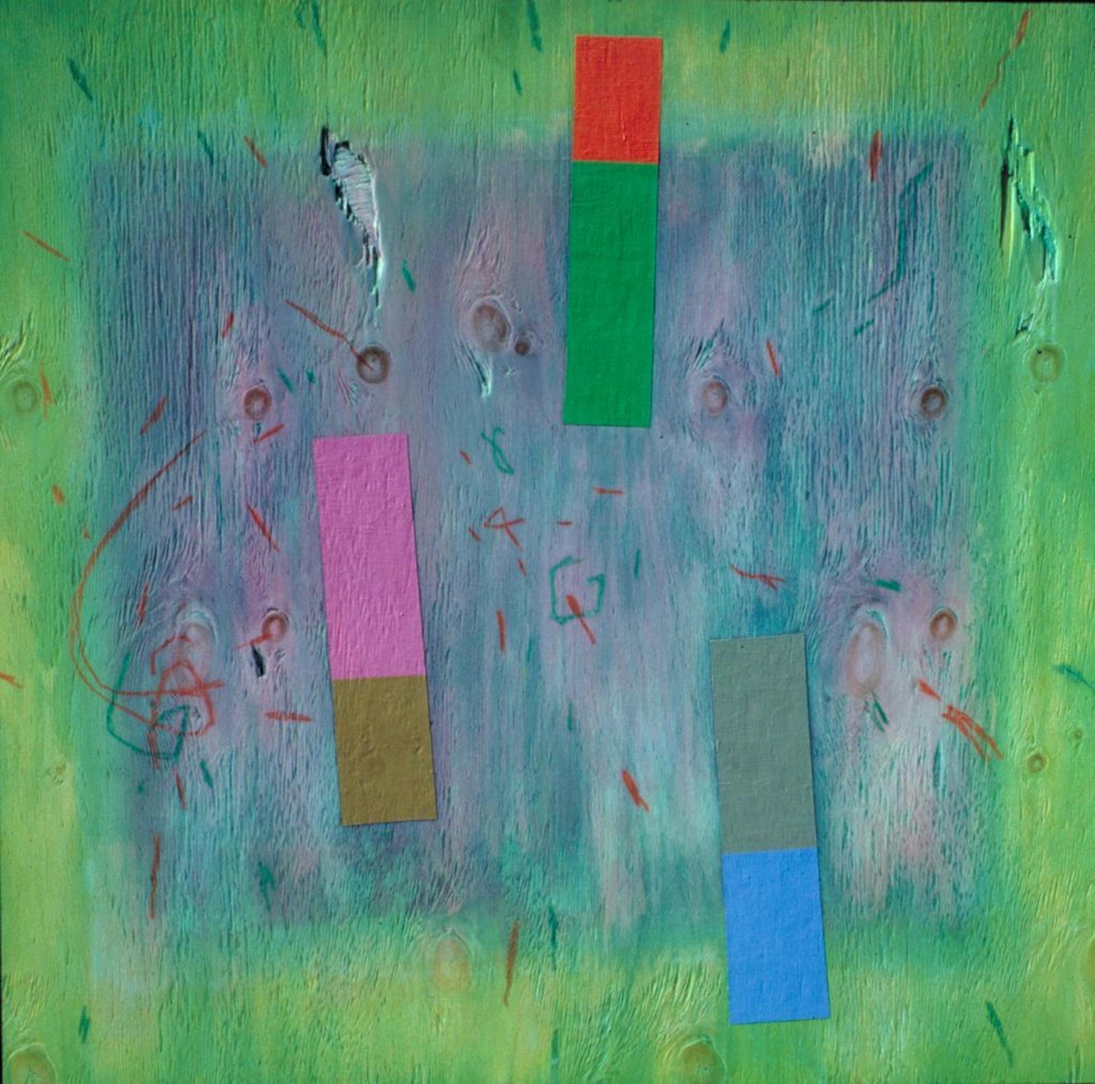 Artist: Roman Verostko "New City Series", 1968, gesso, acrylic & crayon on wood panel, 4ft by 4ft.
