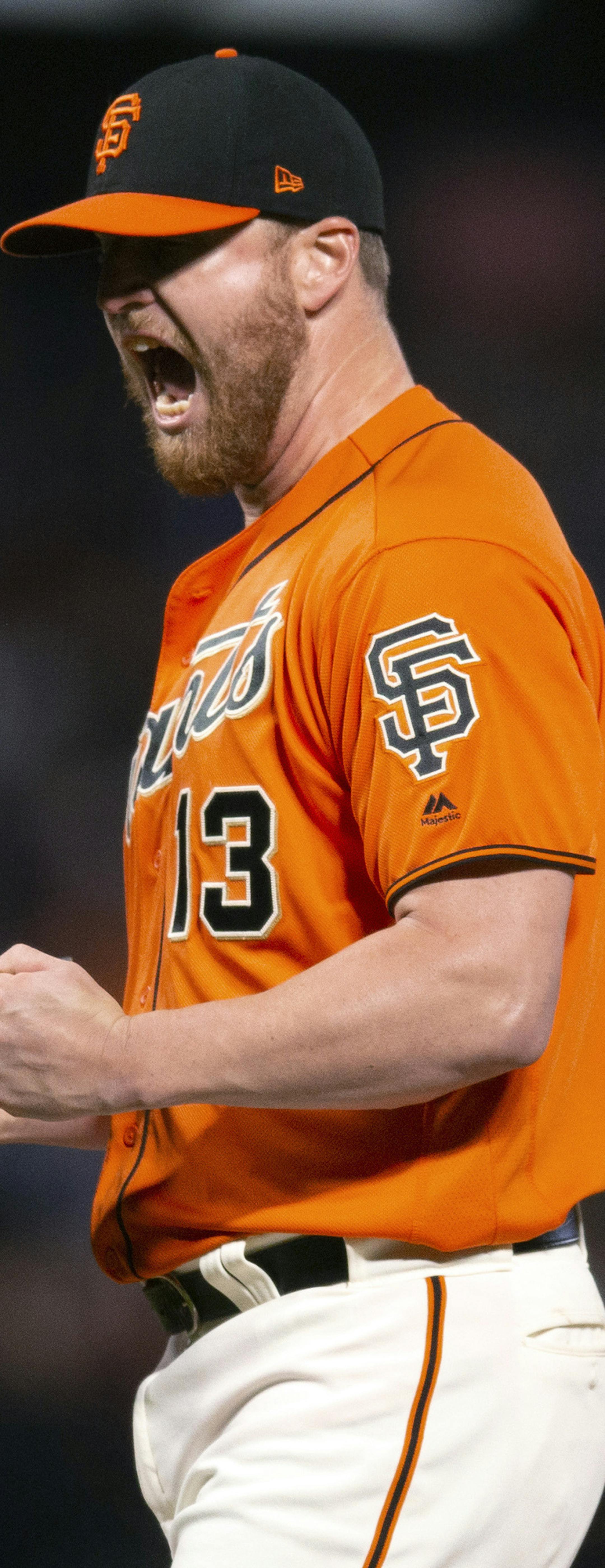 San Francisco Giants pitcher Will Smith (13) reacts to getting the final out against the Los Angeles Dodgers in a baseball game Friday, June 7, 2019, in San Francisco. The Giants defeated the Dodgers 2-1. (AP Photo/D. Ross Cameron) ORG XMIT: FXPB113