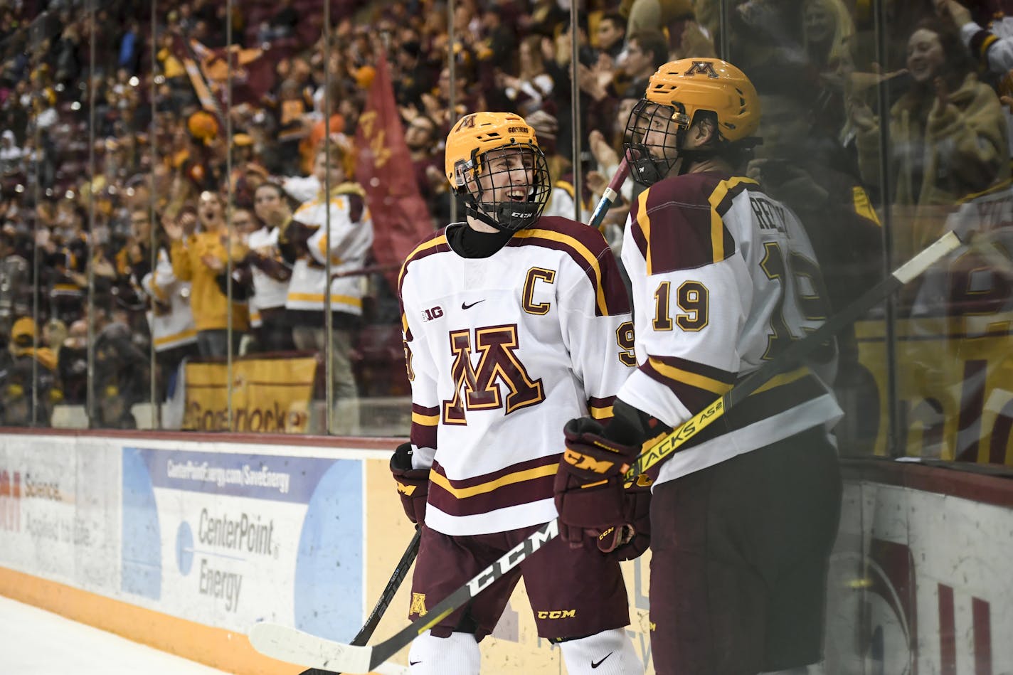 Minnesota Gophers forward Sammy Walker (9) and forward Scott Reedy (19) celebrated Reedy's empty netter against Michigan State. ] Aaron Lavinsky • aaron.lavinsky@startribune.com The Minnesota Gophers played the Michigan State Spartans on Friday, Feb. 7, 2020 at the 3M Arena at Mariucci in Minneapolis, Minn.