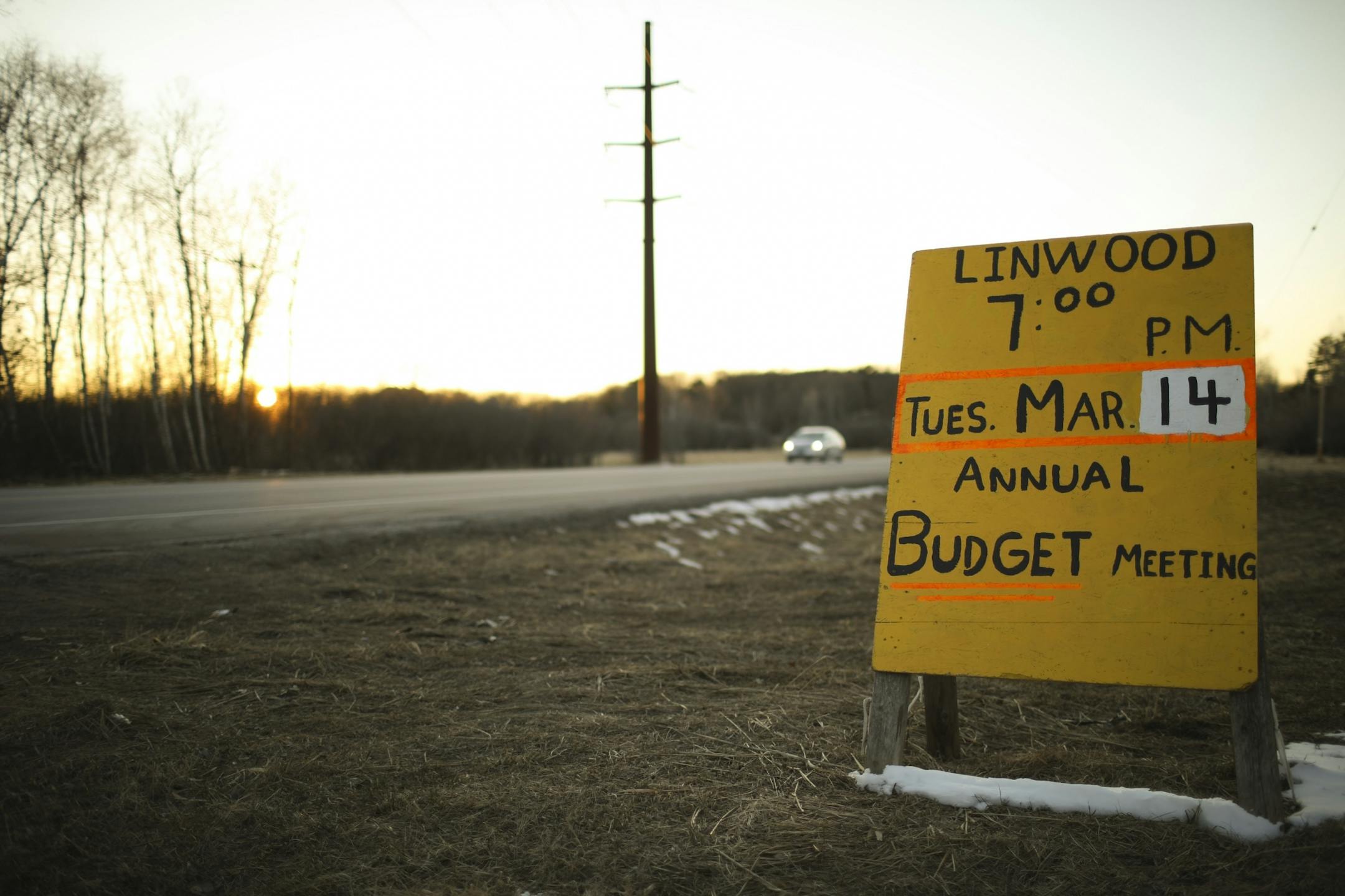 A sign several miles outside of town reminded residents of the annual Town Meeting Tuesday night.