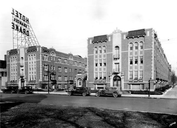 The Francis Drake Hotel in Minneapolis (shown circa 1931) opened in 1924 and cost "nearly One-Half Million Dollars."