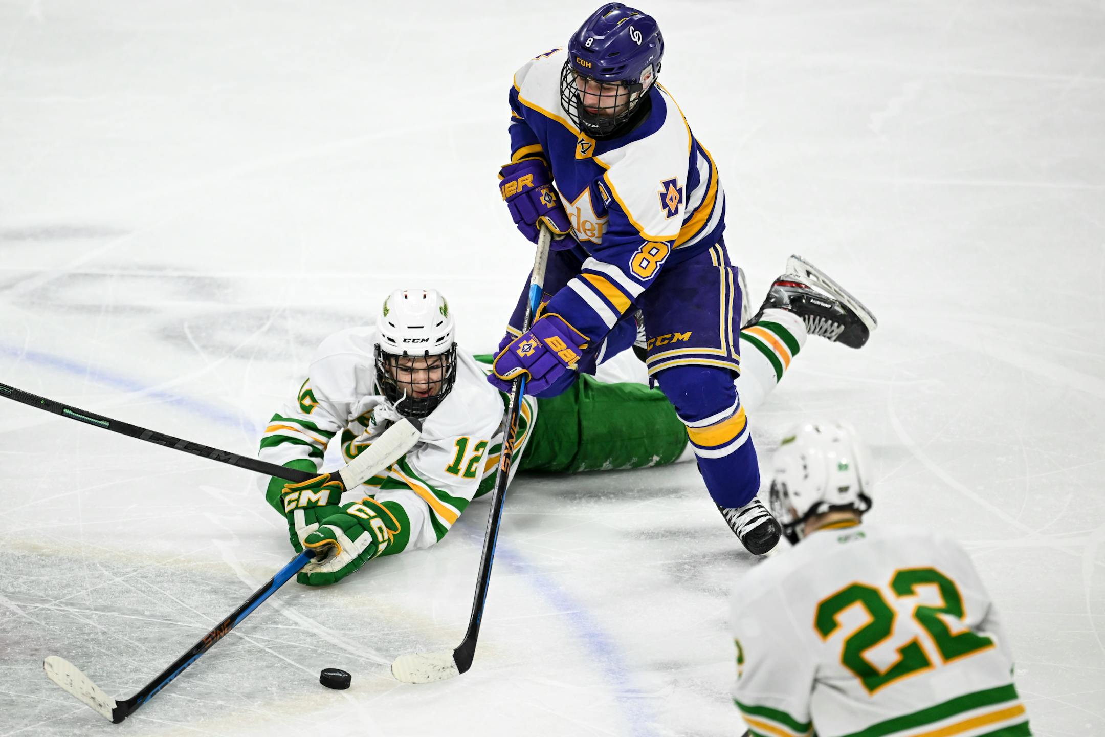 Edina forward Lucas Cole (12) and Cretin-Derham Hall defenseman Simon Houge (8) battle for the puck during the third period.