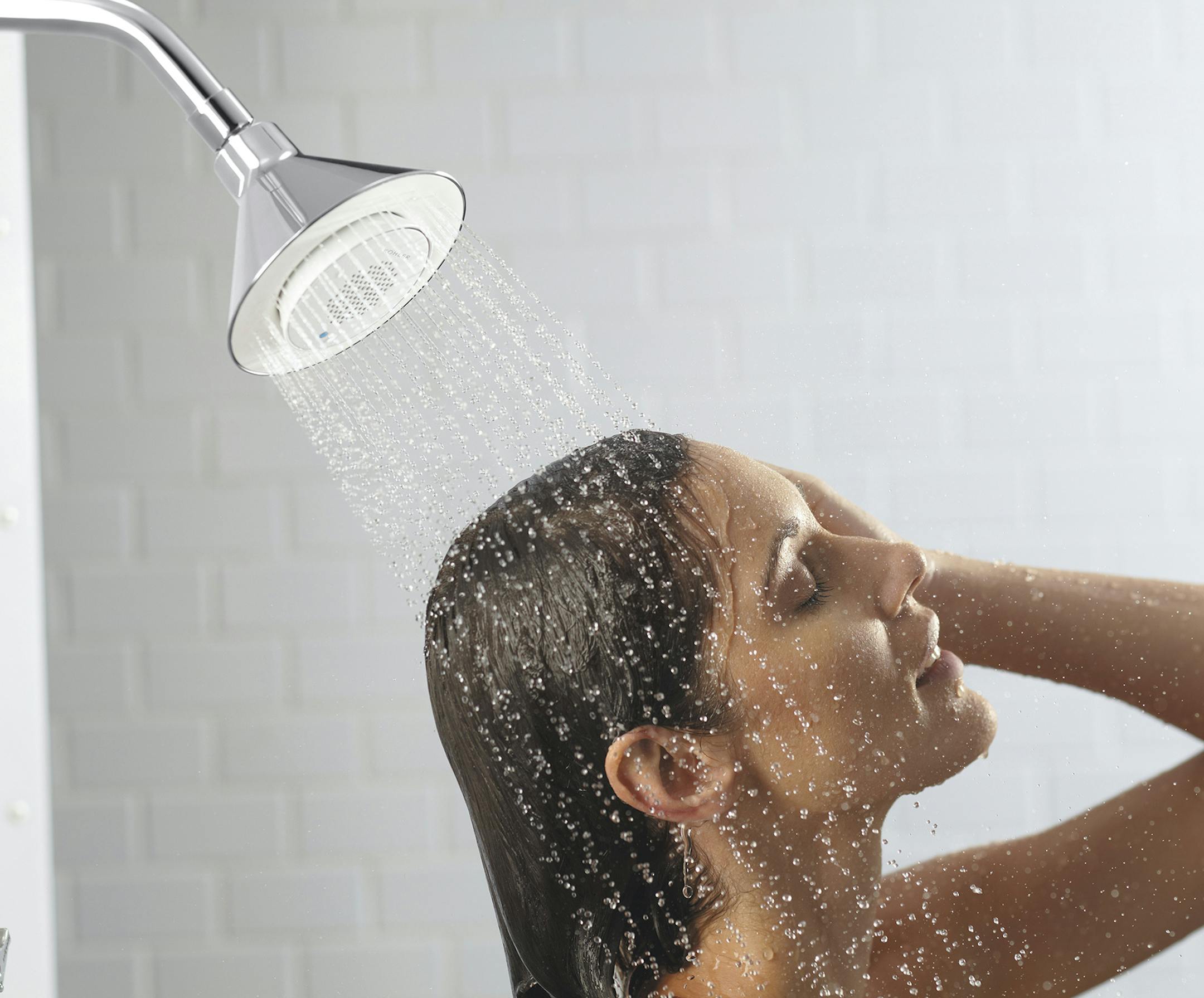 In an undated handout photo, Kohler's Moxie shower head. The company, which makes bathroom fixtures, has created the shower head with a built-in wireless speaker system. (Handout via The New York Times)- NO SALES; FOR EDITORIAL USE ONLY WITH STORY SLUGGED CIR GEEK NOTES BY ROY FURCHGOTT. ALL OTHER USE PROHIBITED. -- ORG XMIT: XNYT124