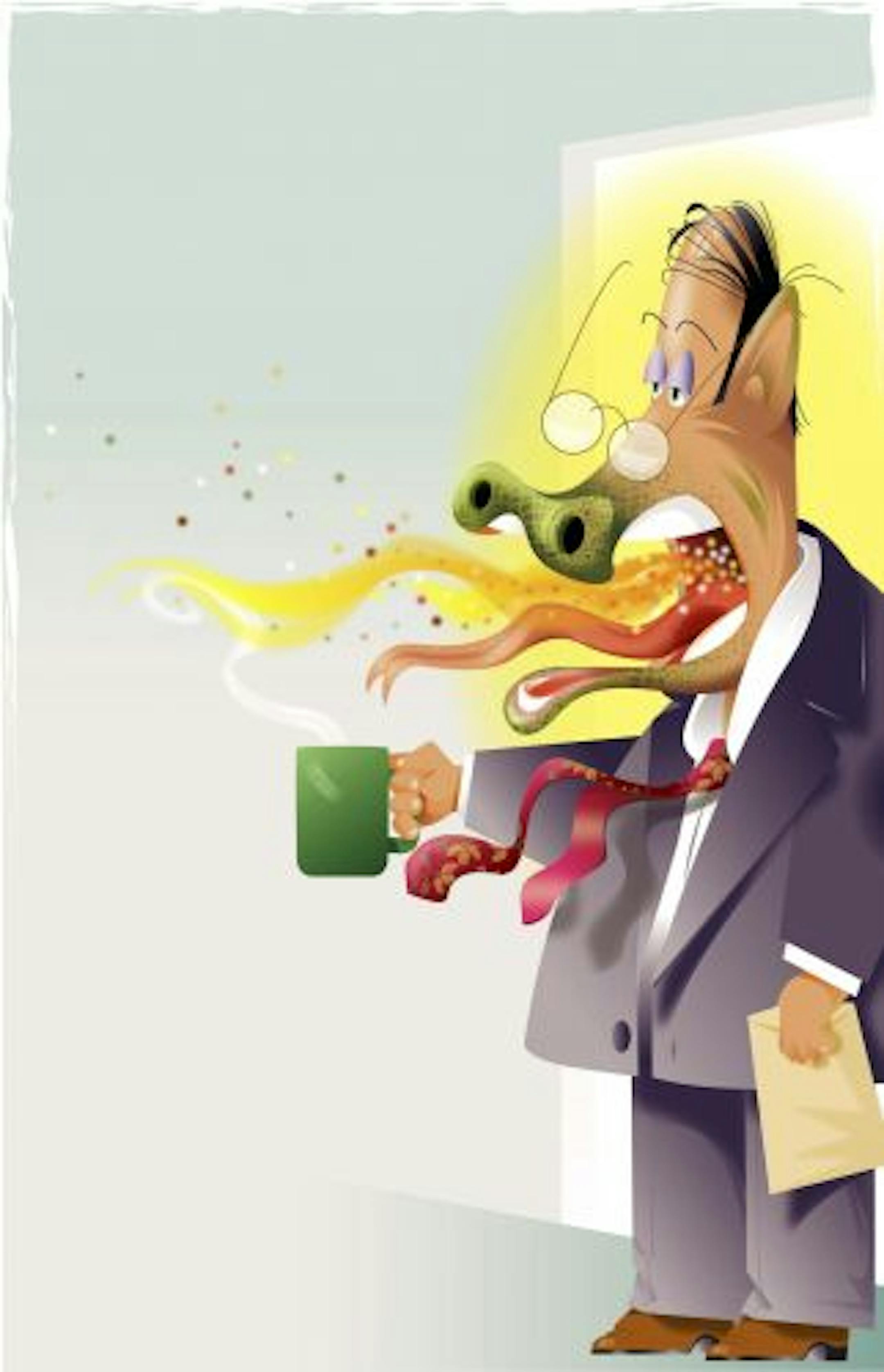 300 dpi Laurie McAdam color illustration of office worker with coffee and a bad case of dragon-breath. The Modesto Bee 2007<p> dragon breath illustration halitosis bad office coffee morning sick ill germs cough flu krtfeatures features, krtnational national, krtworld world, krtbusiness business, krtintlbusiness, krtnamer north america, krtusbusiness, krtworkplace workplace, u.s. us united states, krt, mctillustration, trabajo empleado mal aliento gripe negocios oficina boca ilustracion grabado,