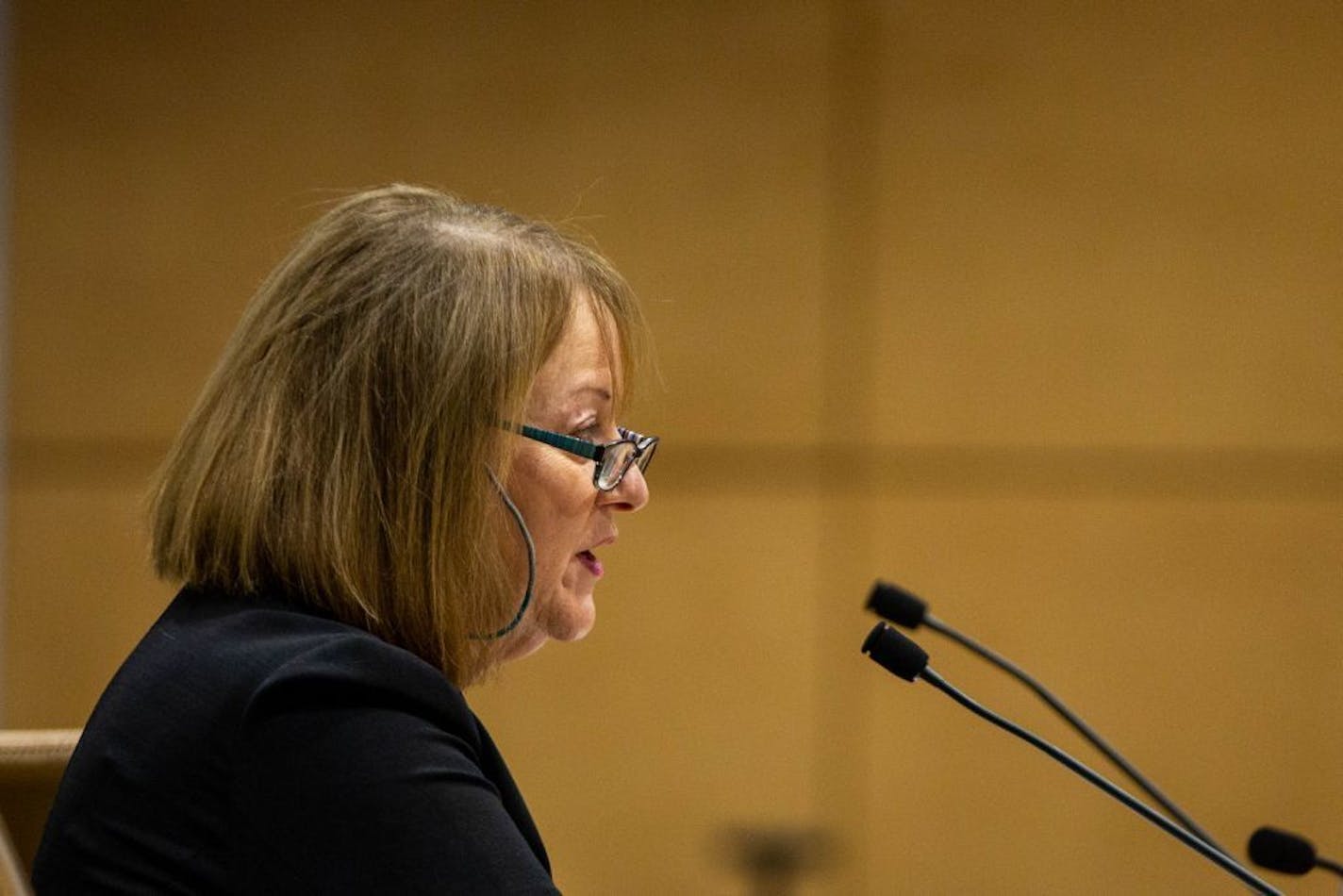 DHS acting commissioner Pam Wheelock speaks during a senate hearing about recent events in the Minnesota Department of Human Services at the Minnesota Senate Building Tuesday, August 13, 2019.