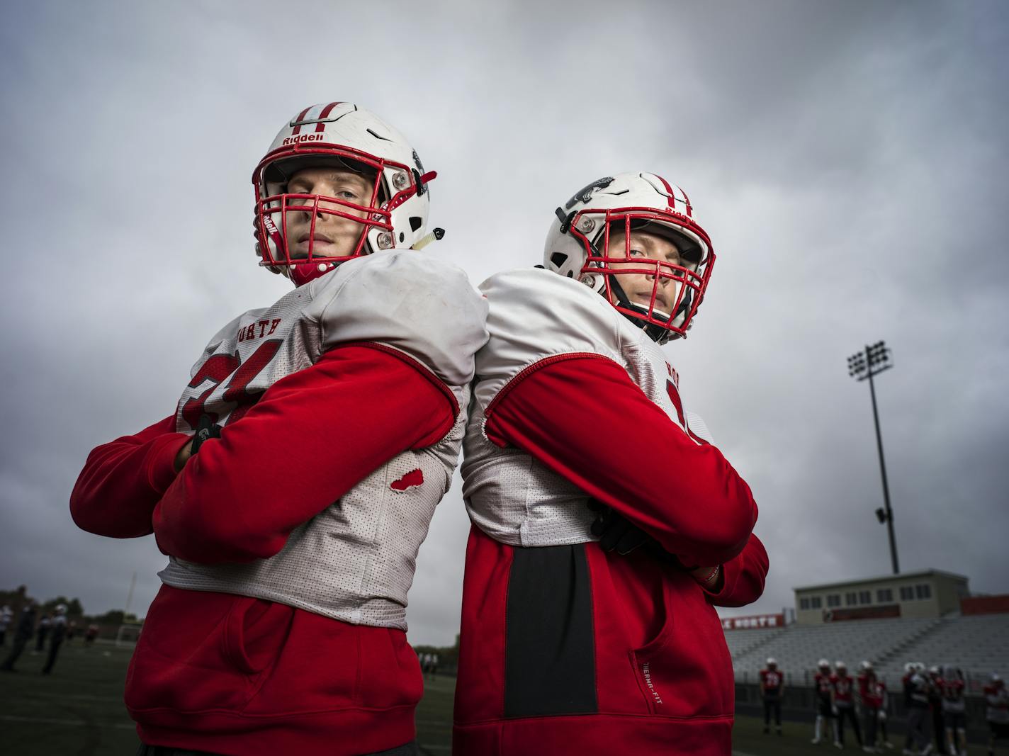 Senior defensive linemen Will Mostaert (left) and twin brother Eli are key members of the Lakeville North defense. Photo: Richard Tsong-Taatarii * Richard.Tsong-Taatarii@startribune.com