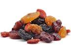 "A close up shot of a pile of dried bluberries, cherries, cranberries, goji and raisins isolated on white."