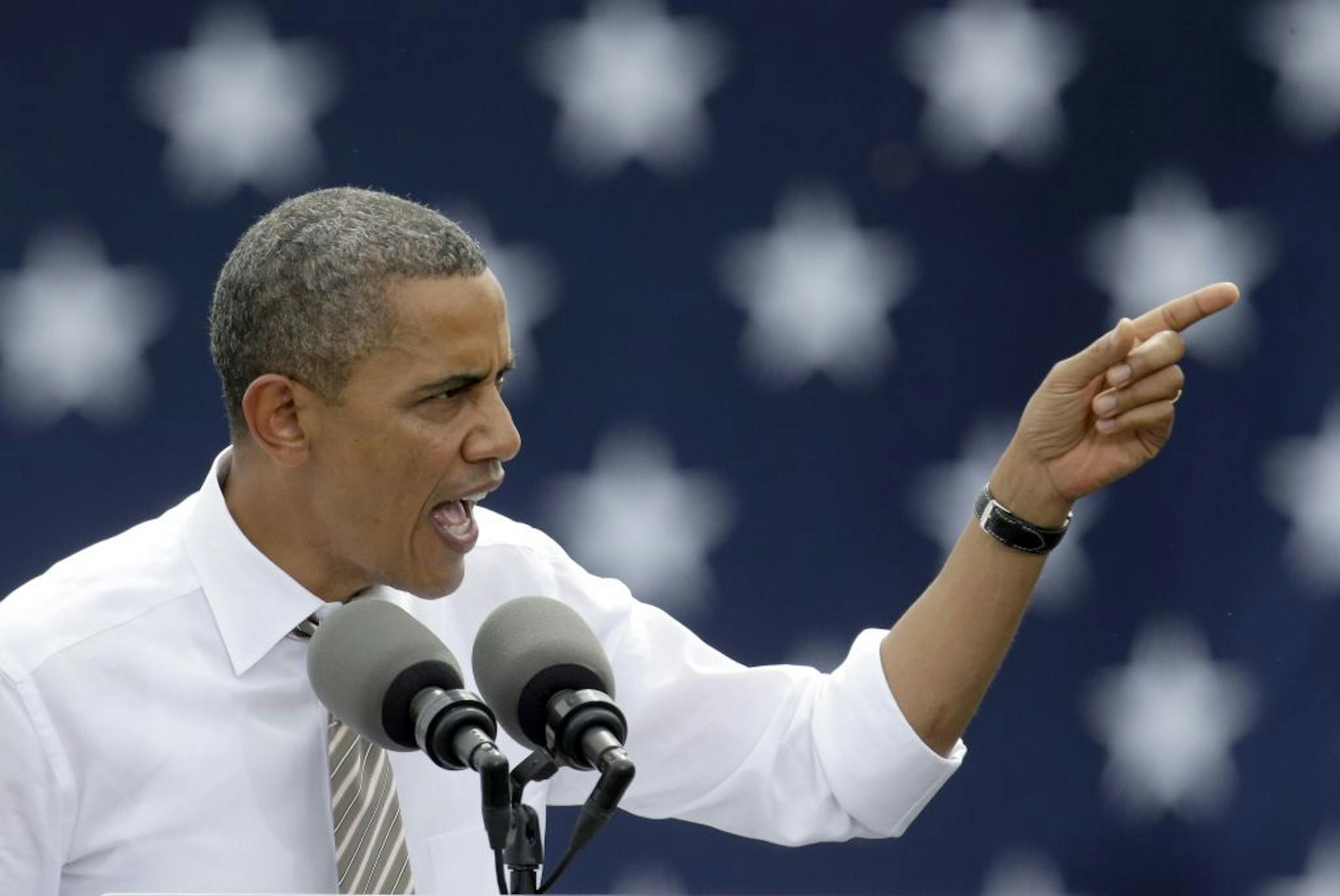 President Barack Obama speaks during a campaign stop at the Living History Farms Saturday, Sept. 1, 2012, in Des Moines, Iowa.
