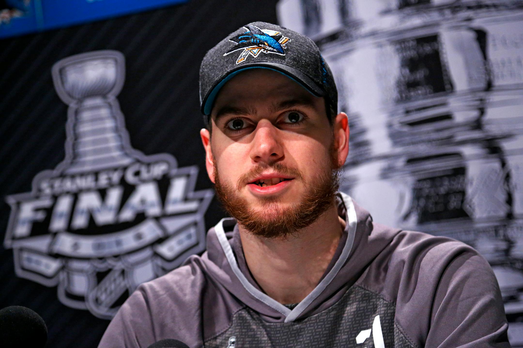Sharks goalie Martin Jones talked with reporters during Stanley Cup Final media day in Pittsburgh on Sunday, before Monday's Game 1 against the Pittsburgh Penguins.