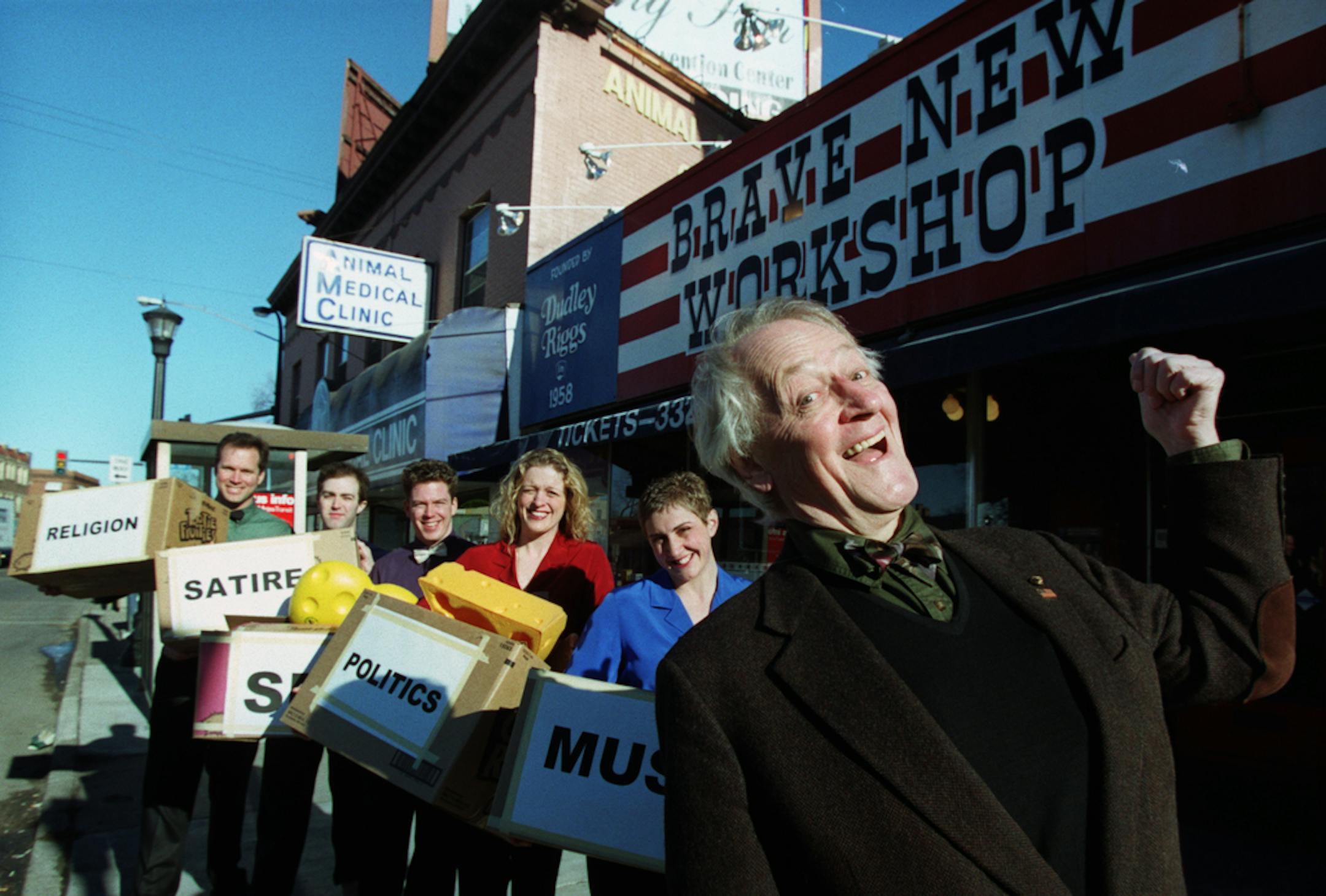 Dec. 12, 2002: Dudley Riggs prepared to open a new Brave New Workshop at a Hennepin Av. site occupied by the theater years ago, with Jim Robinson, Dan Hetzel, Will Doughty, Shanan Wexler and Katy McEwen.