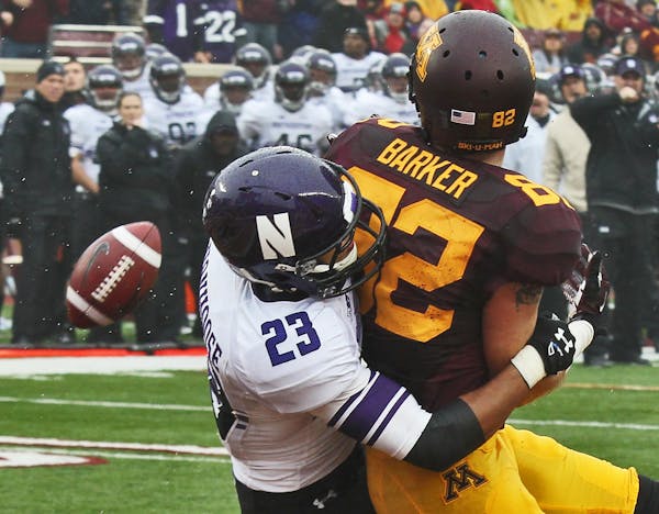 This pass was thrown wide of intended Minnesota receiver A. J. Barker late in the game.