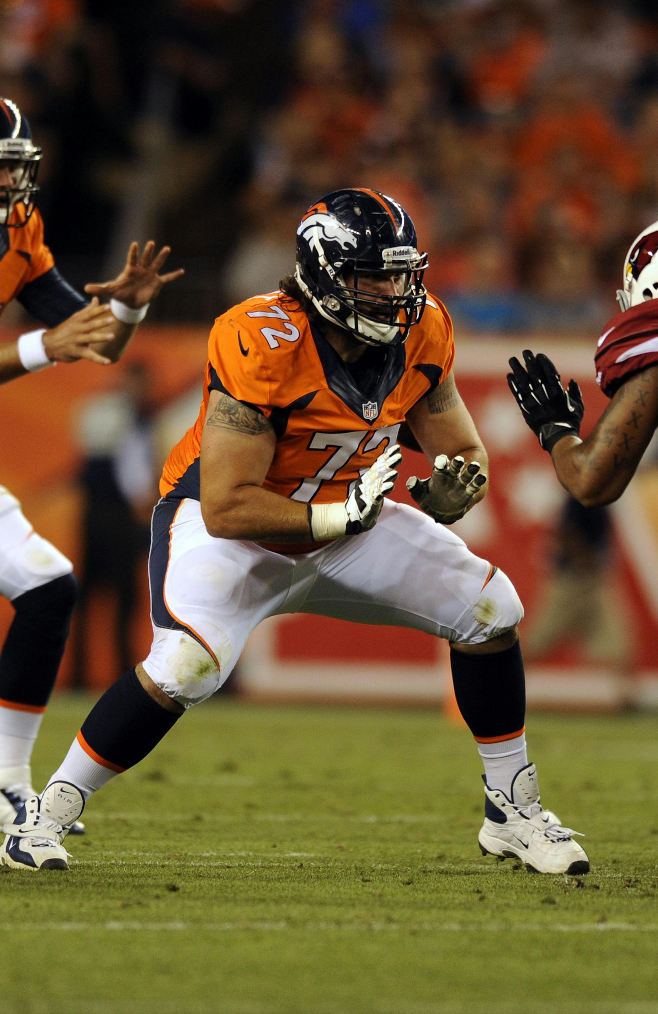 Denver Broncos guard John Moffitt plays against the Arizona Cardinals during a pre-season NFL football game on Thursday, Aug. 29, 2013, in Denver. (AP Photo/Jack Dempsey) ORG XMIT: NYOTK