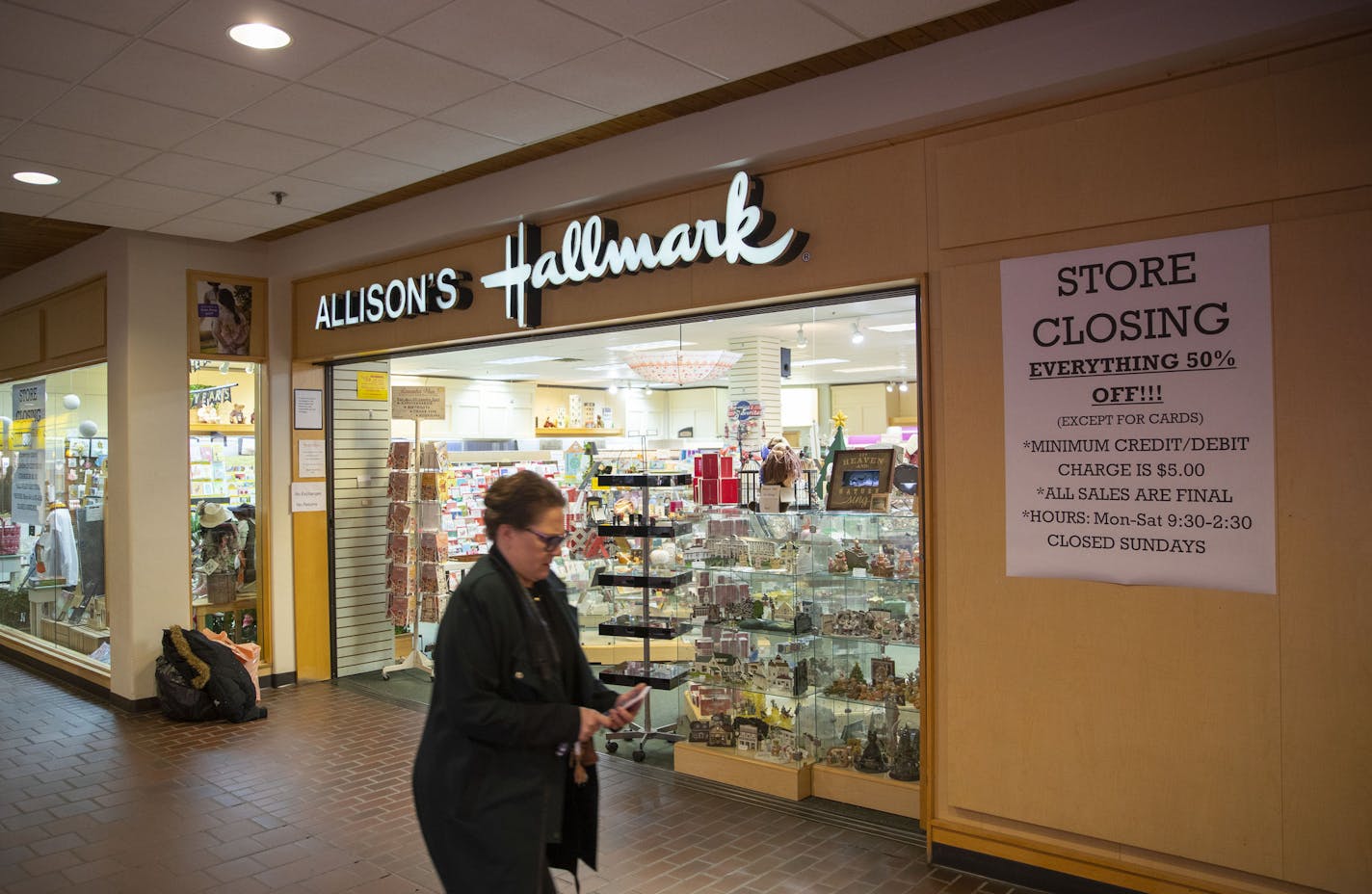 A woman walked by Allison's Hallmark store in the Duluth Skywalk on Monday November 18, 2019. ]
ALEX KORMANN &#x2022; alex.kormann@startribune.com After 41 years, the longest running business in the Duluth Skywalk will close it's doors. Allison's Hallmark store does not have a specific date set yet but it will be happening within the next few months.