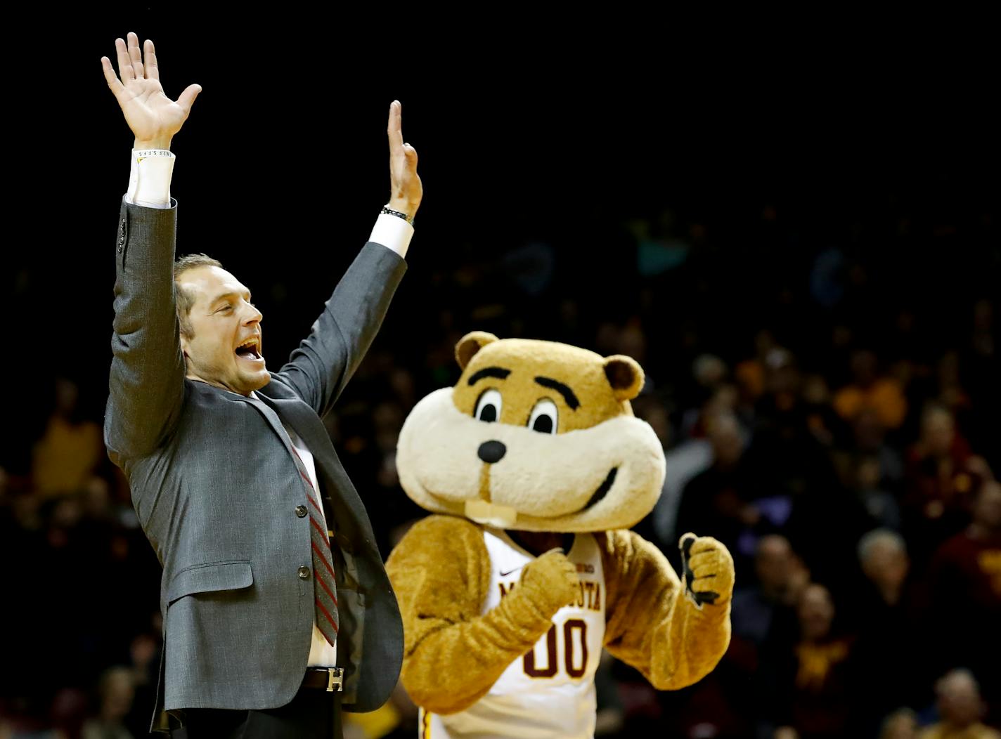 New Gophers football coach P.J. Fleck addressed the crowd at Williams Arena at halftime of the Minnesota-Ohio State men's basketball game.