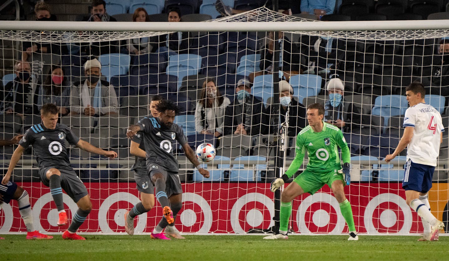 Minnesota United defender Romain Metanire (19) cleared the ball in the second half in front of Minnesota United goalkeeper Tyler Miller (1). ] JEFF WHEELER • jeff.wheeler@startribune.com