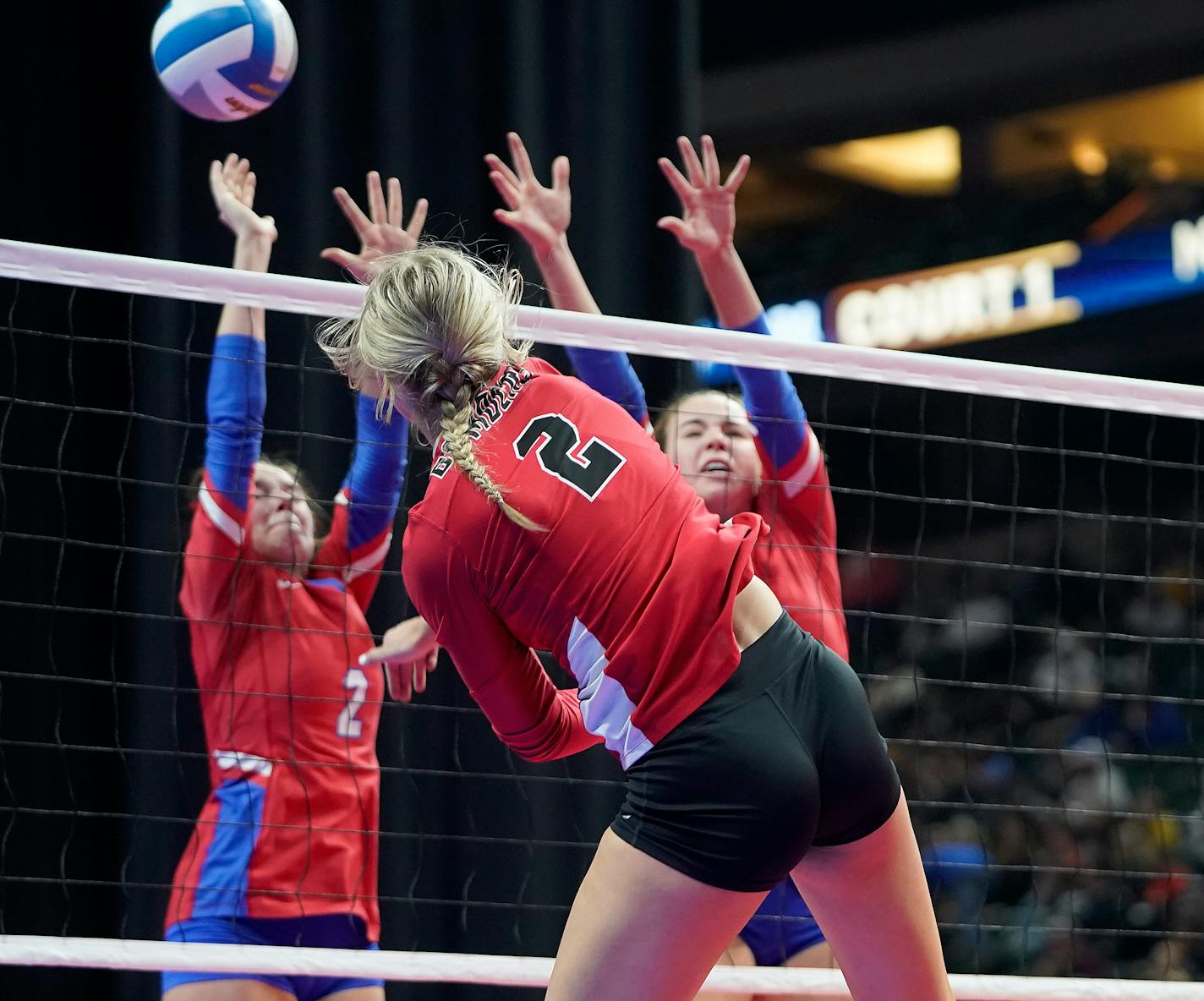 Canon Falls Karsyn Winchell (2) spikes a shot against Pequot Lakes during 2A volleyball finals Saturday, Nov. 12, 2022 at Xcel Energy Center in St. Paul, Minn. ]