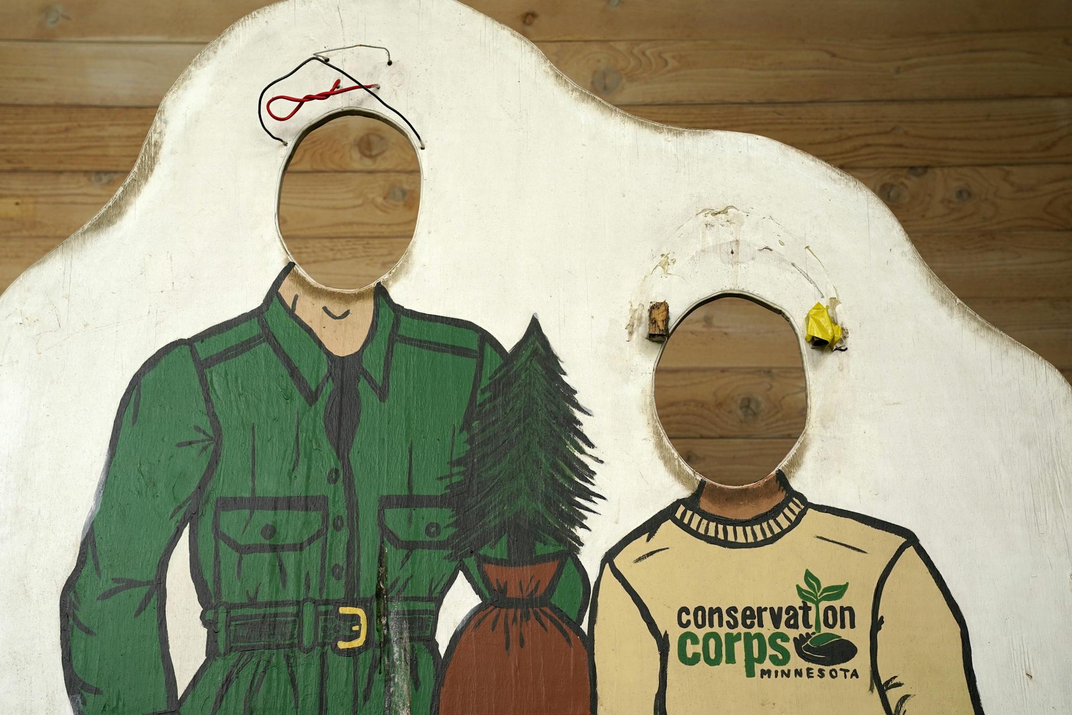 A cutout for people to pose as Conservation Crops volunteers sat Thursday.