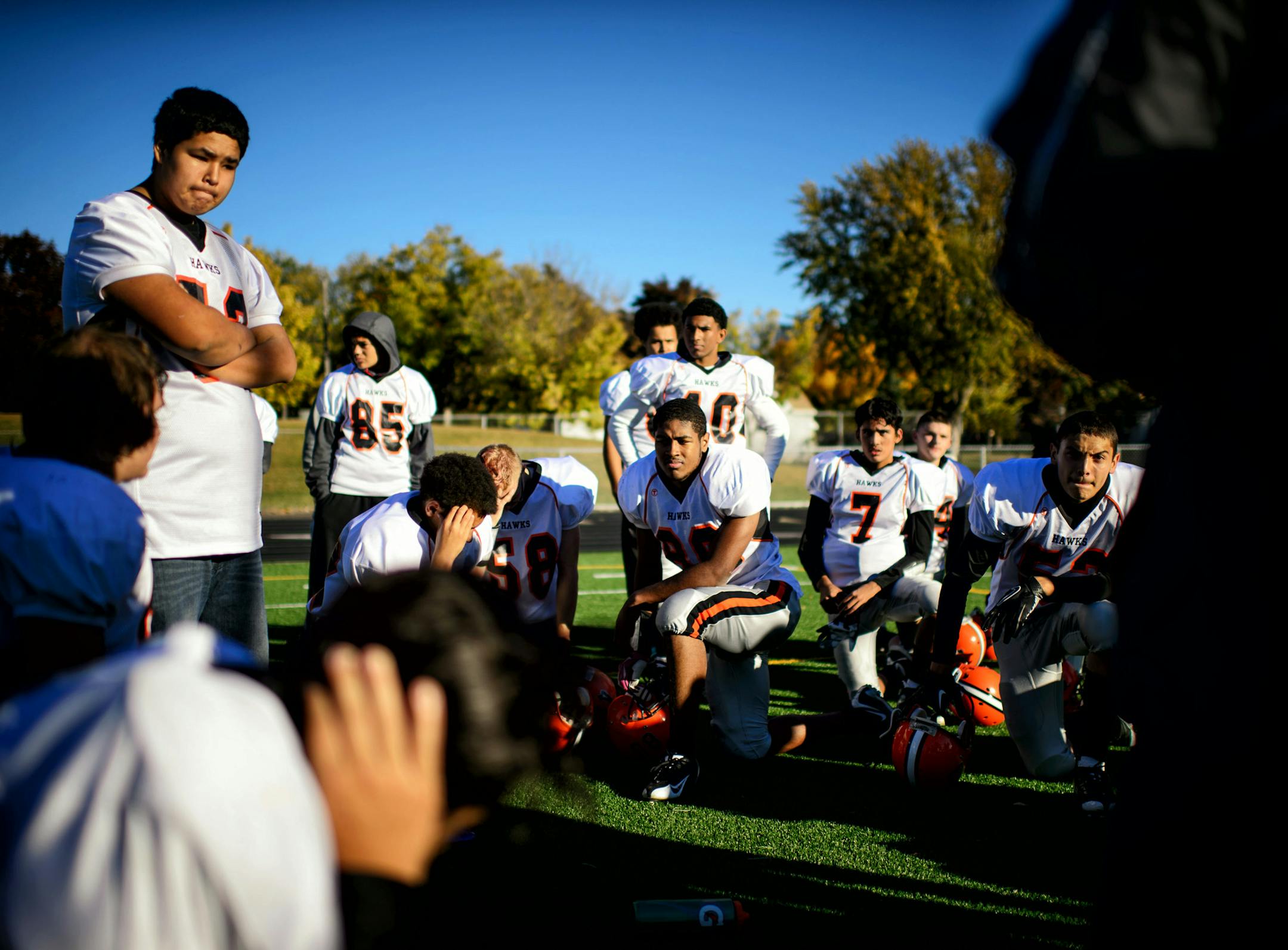 Humbolt players listened to their head coach Steve Elizondo at halftime. They were down 22-6. ] GLEN STUBBE * gstubbe@startribune.com Wednesday October 15, 2014 St. Paul Humboldt plays its last football game ever as a member of the St. Paul City Conference Wednesday afternoon. All conferences are going away in football, as schools switch to districts for easier scheduling and more competitive balance. Perhaps no school will be happier to see the end come than Humboldt High, the punching bag in t