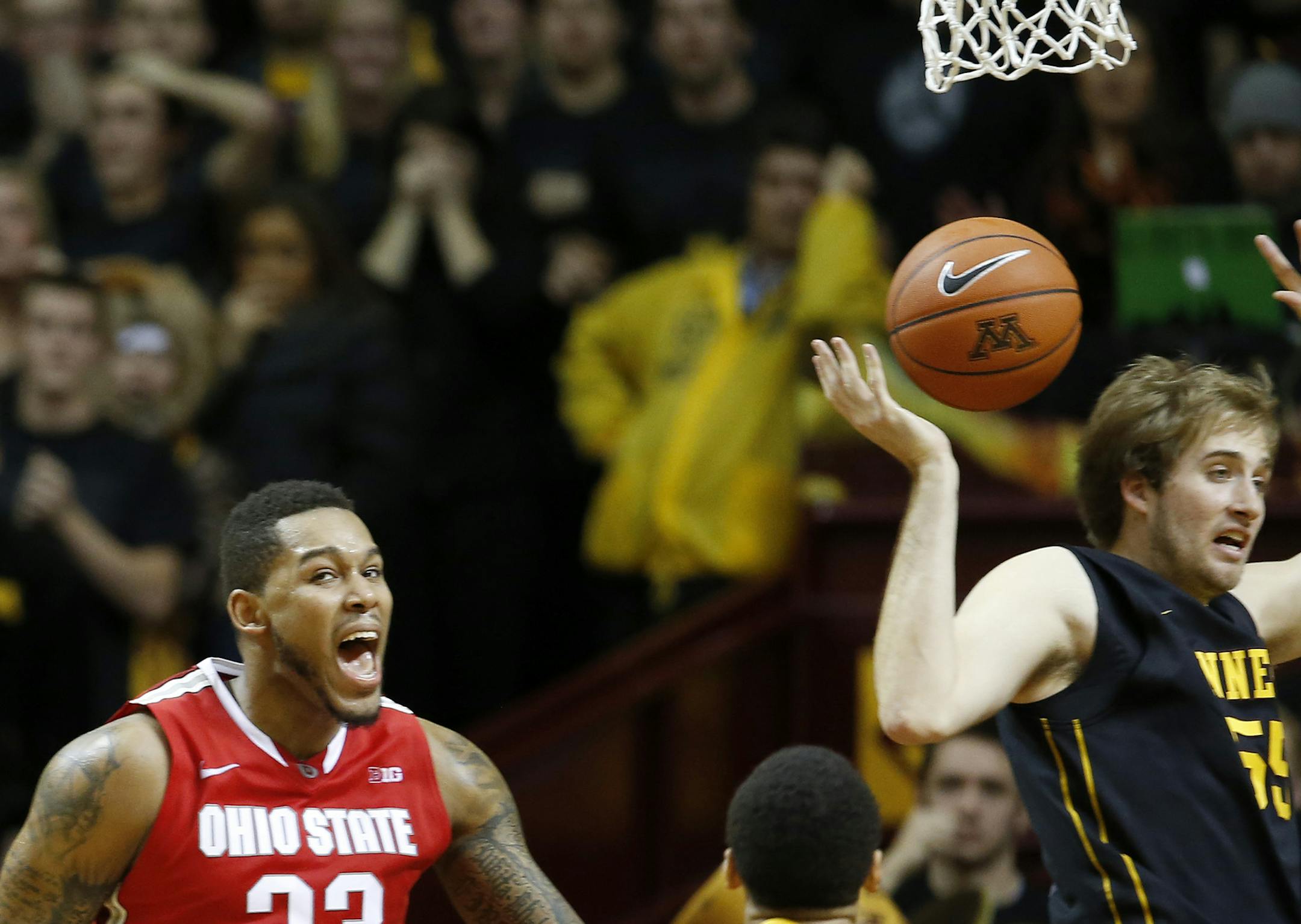 Amir Williams (23) celebrated after Ohio State scored in the final seconds of overtime. ] CARLOS GONZALEZ cgonzalez@startribune.com, January 6, 2015, Minneapolis, Minn., Williams Arena, NCAA Basketball, University of Minnesota Gophers vs. Ohio State Buckeyes