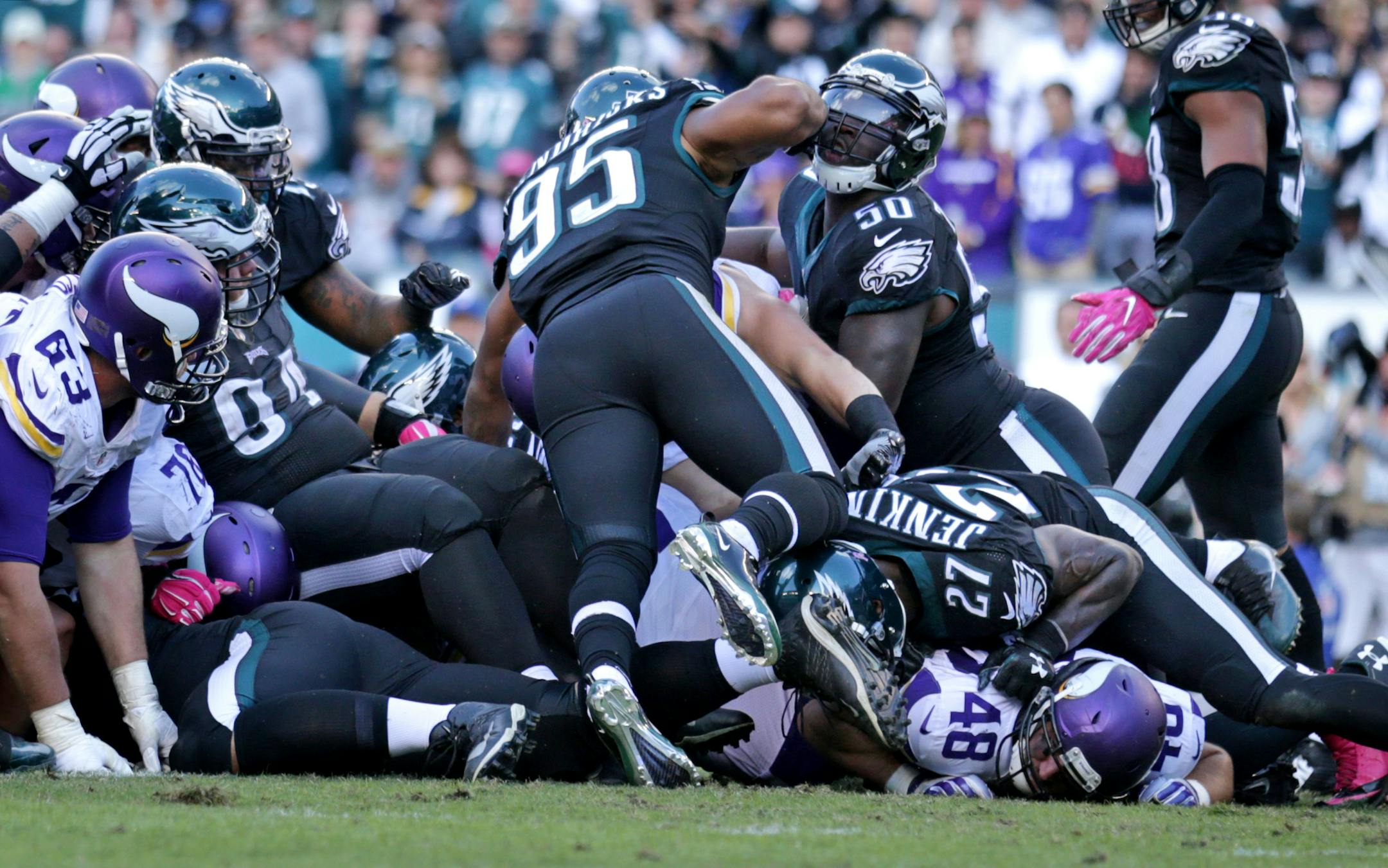 The Vikings were stopped by the Eagles on 4th-and-goal on a critical drive in the fourth quarter.