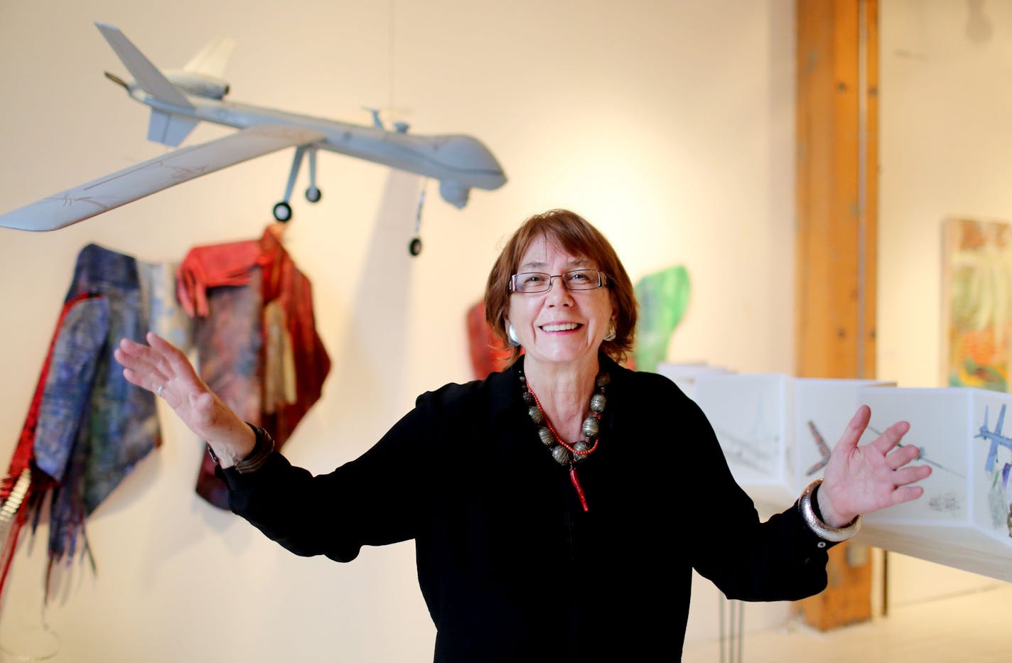 Croatian immigrant and Minneapolis artist Vesna Kittelson's new show, Da Vinci and the Drone, imaginatively explores the history and development of flight from Icarus through Leonardo to the modern drone and its implications. The show opens Friday 20 May, at Form+Content Gallery. Here, Kettelson is seen among her pieces, which includes a CIA reaper drone and was seen at her studio Tuesday, May 10, 2016, in Minneapolis MN. ](DAVID JOLES/STARTRIBUNE)djoles@startribune.com Growing up in Yugoslavia