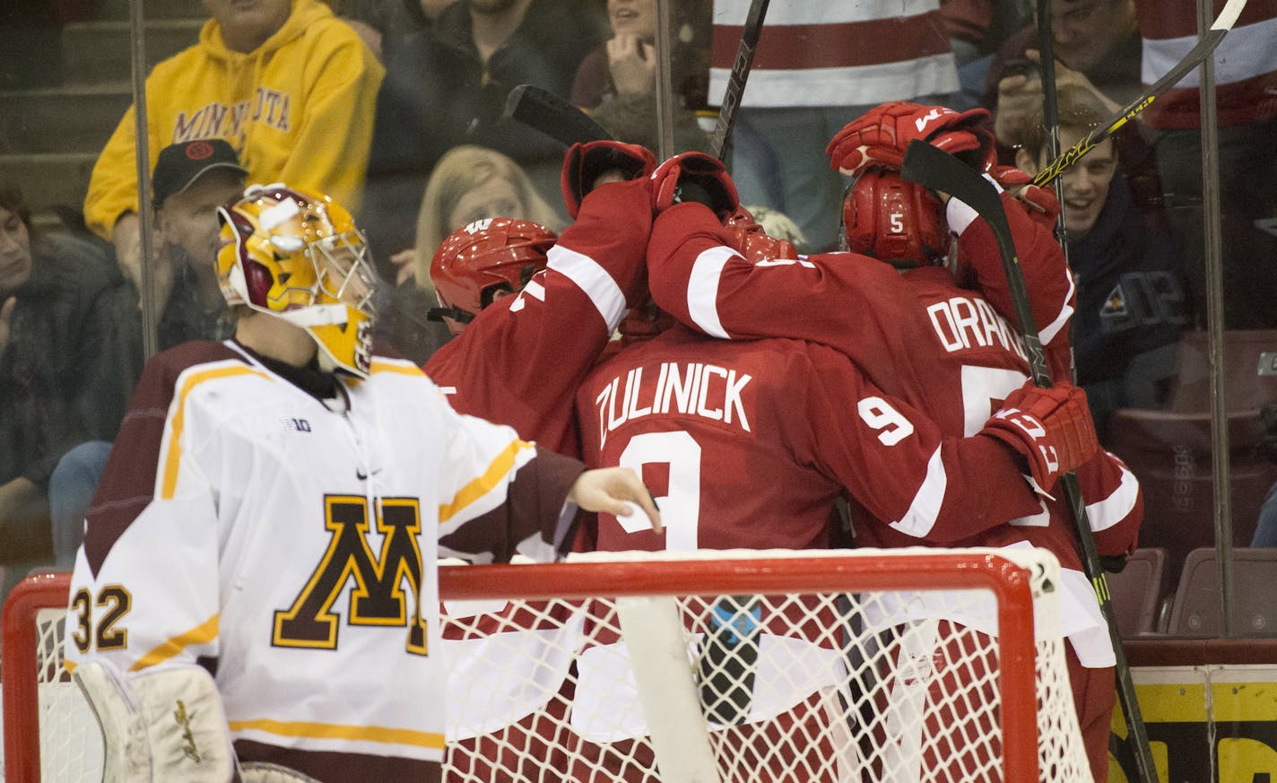 University of Minnesota goalie Adam Wilcox (32) looks on after a University of Wisconsin goal tied up the game during the third period on Friday night. ] (Aaron Lavinsky | StarTribune) The University of Minnesota Gophers hockey team plays against the Wisconsin Badgers on Friday, Jan. 16, 2015 at Mariucci Arena.